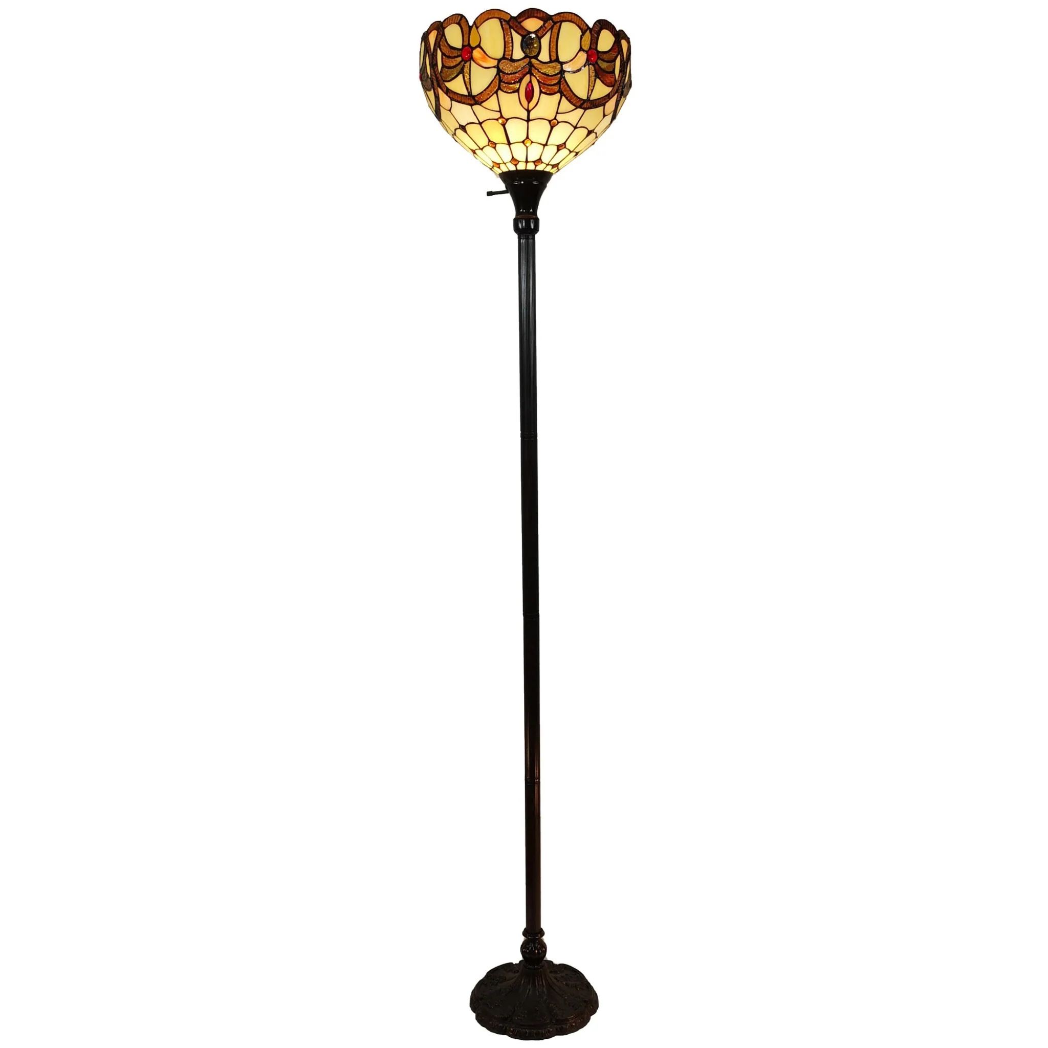 Beige Torchiere Floor Lamp With Red And White Flowers Glass Dome Shade By Homeroots - Image 2