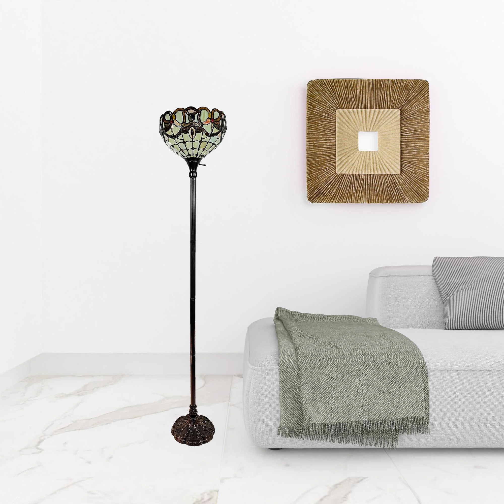 Beige Torchiere Floor Lamp With Red And White Flowers Glass Dome Shade By Homeroots - Image 4