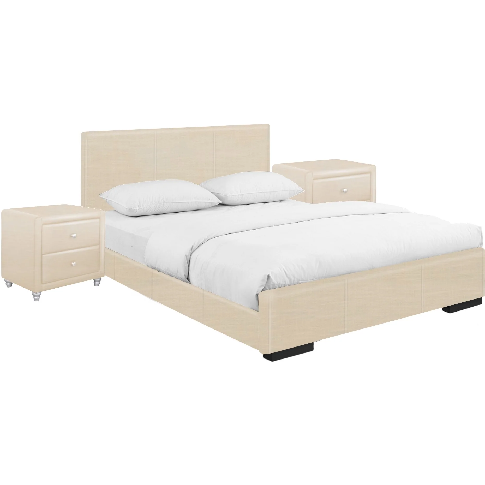 Beige Upholstered Platform Queen Bed With Two Nightstands By Homeroots - Image 2