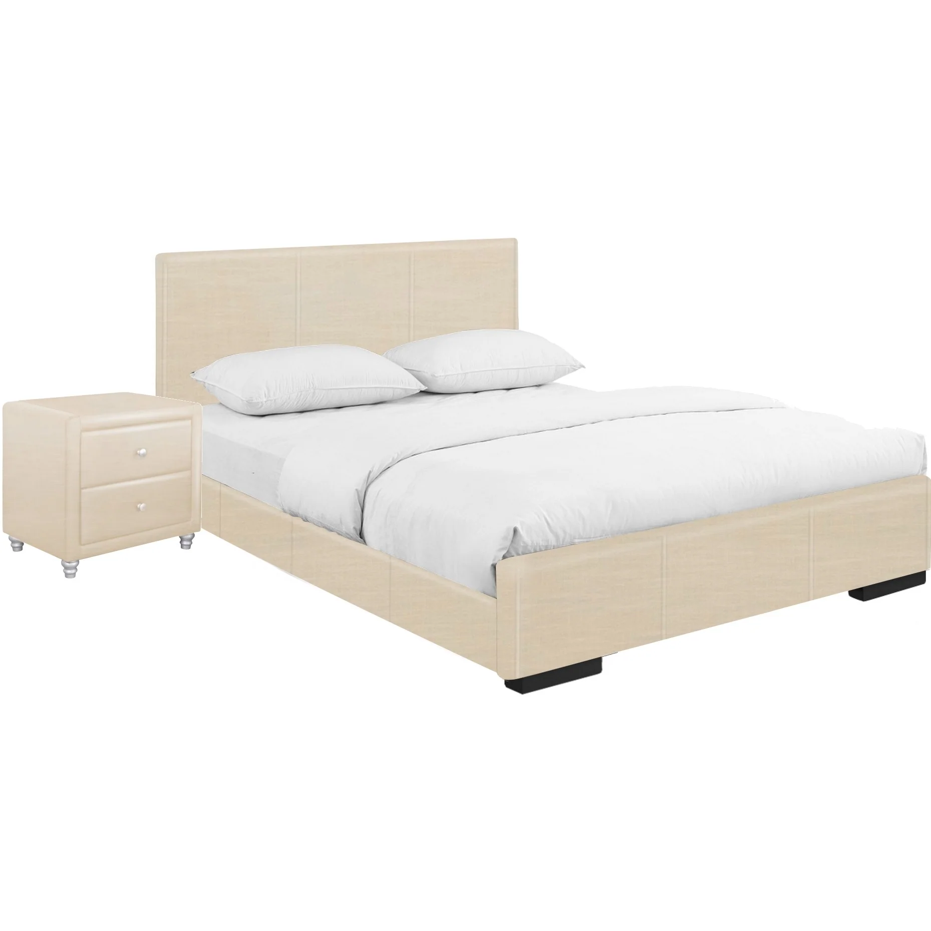 Beige Upholstered Twin Platform Bed With Nightstand By Homeroots - Image 2