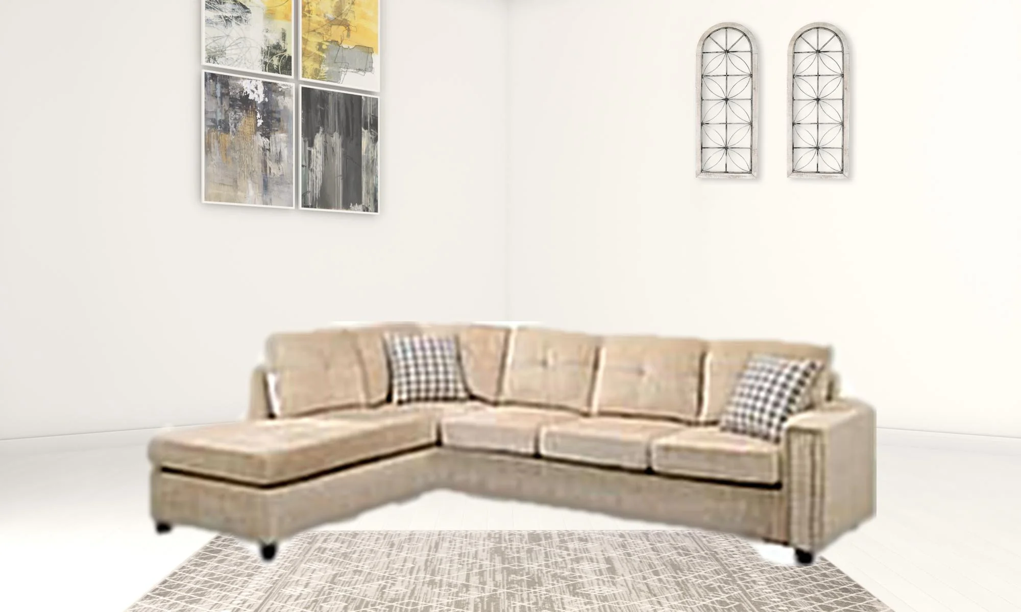 Beige Velvet Reversible Sectional Sofa With Pillows By Homeroots - Image 2