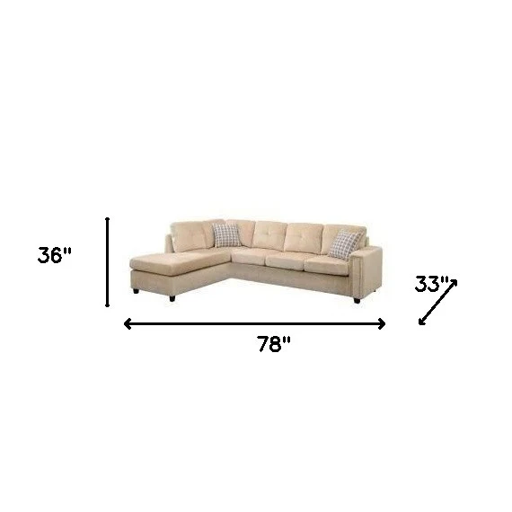 Beige Velvet Reversible Sectional Sofa With Pillows By Homeroots - Image 4