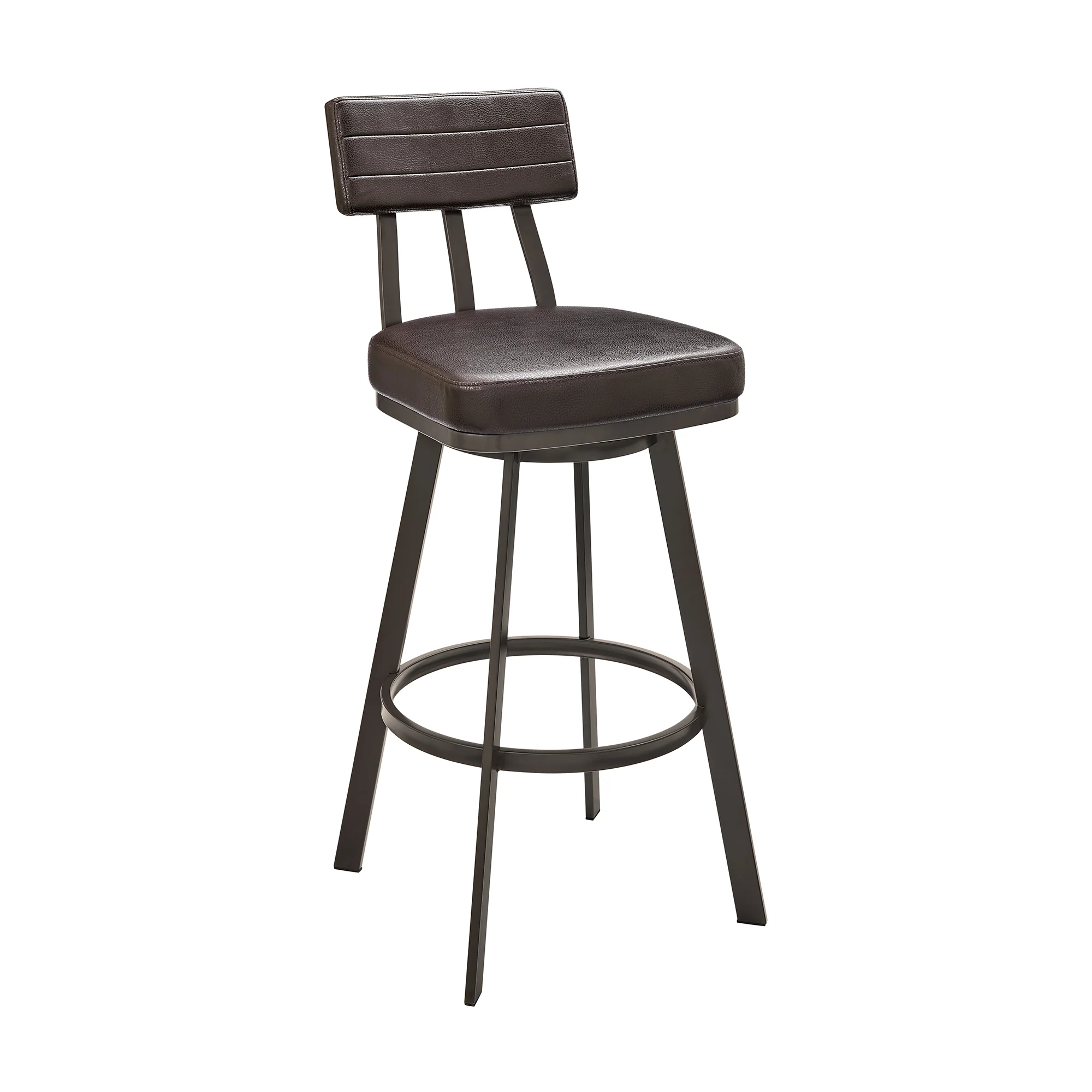 Bejnamin Swivel Bar Stool in Brown Metal with Brown Faux Leather By Armen Living - Image 2
