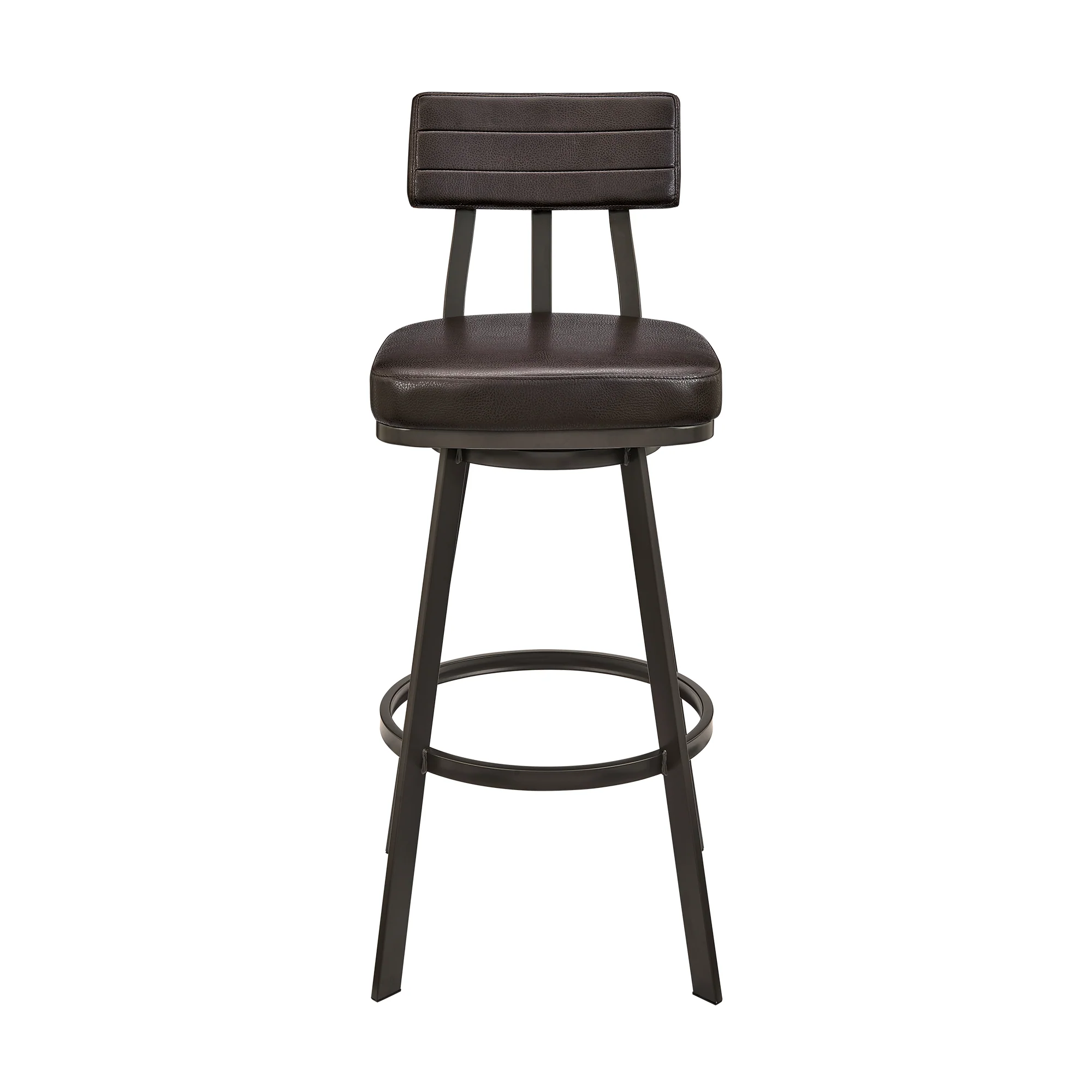 Bejnamin Swivel Bar Stool in Brown Metal with Brown Faux Leather By Armen Living - Image 3