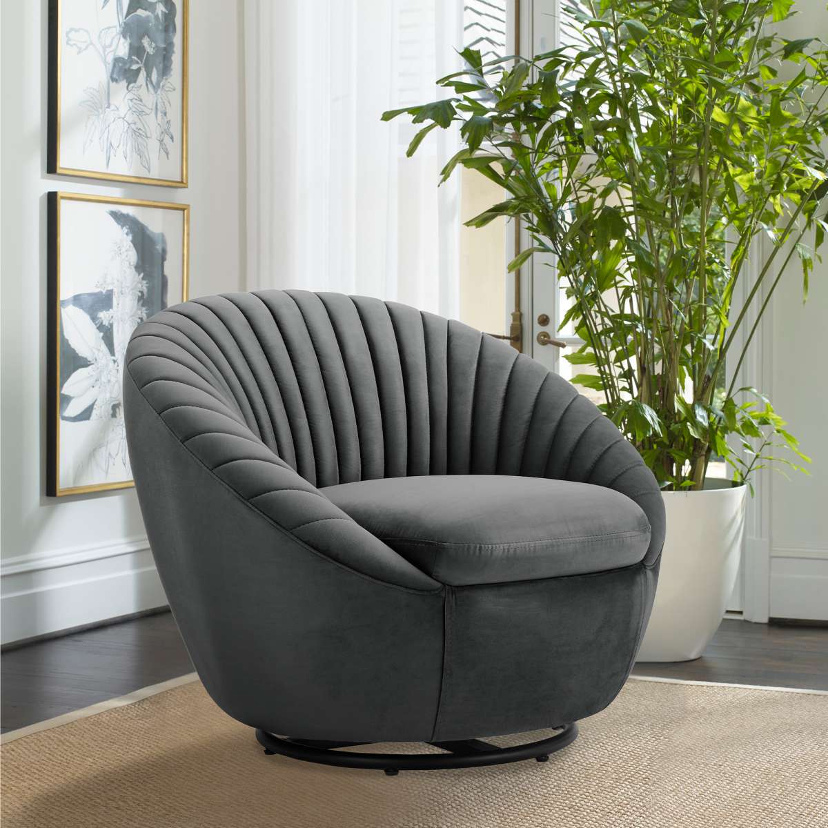 Bella Biege Velvet Swivel Accent Chair with Black Base By Armen Living - Image 14