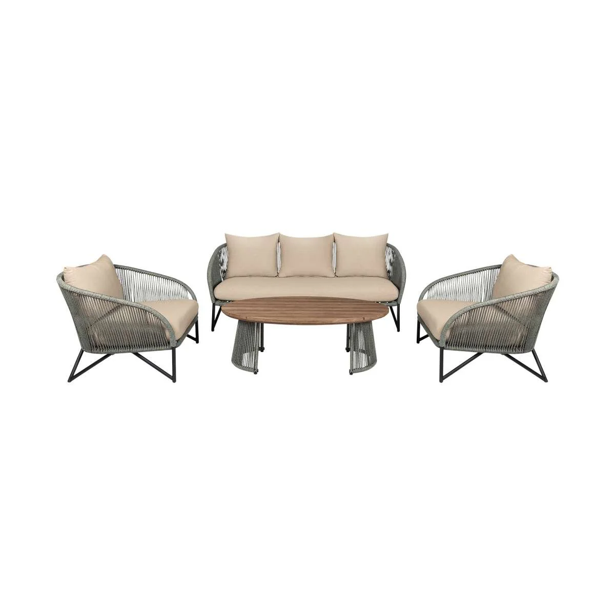 Benicia Outdoor Patio 4 Piece Conversation Set in Weathered Eucalyptus Wood and Metal with Gray Rope and Taupe Cushions By Armen Living - Image 2