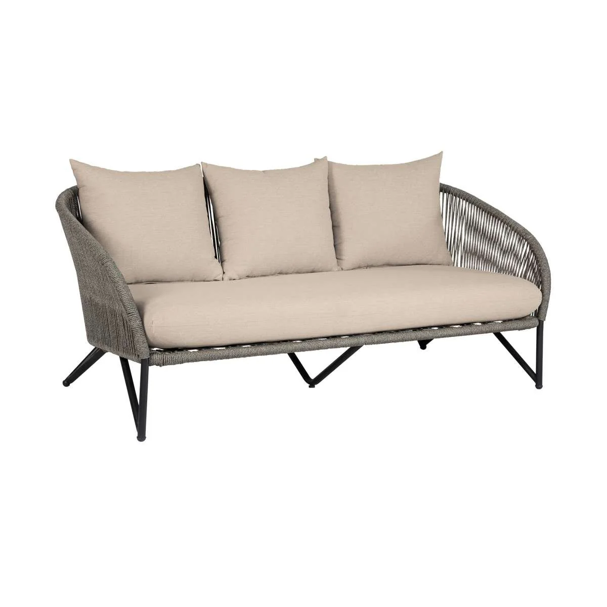 Benicia Outdoor Patio 4 Piece Conversation Set in Weathered Eucalyptus Wood and Metal with Gray Rope and Taupe Cushions By Armen Living - Image 3