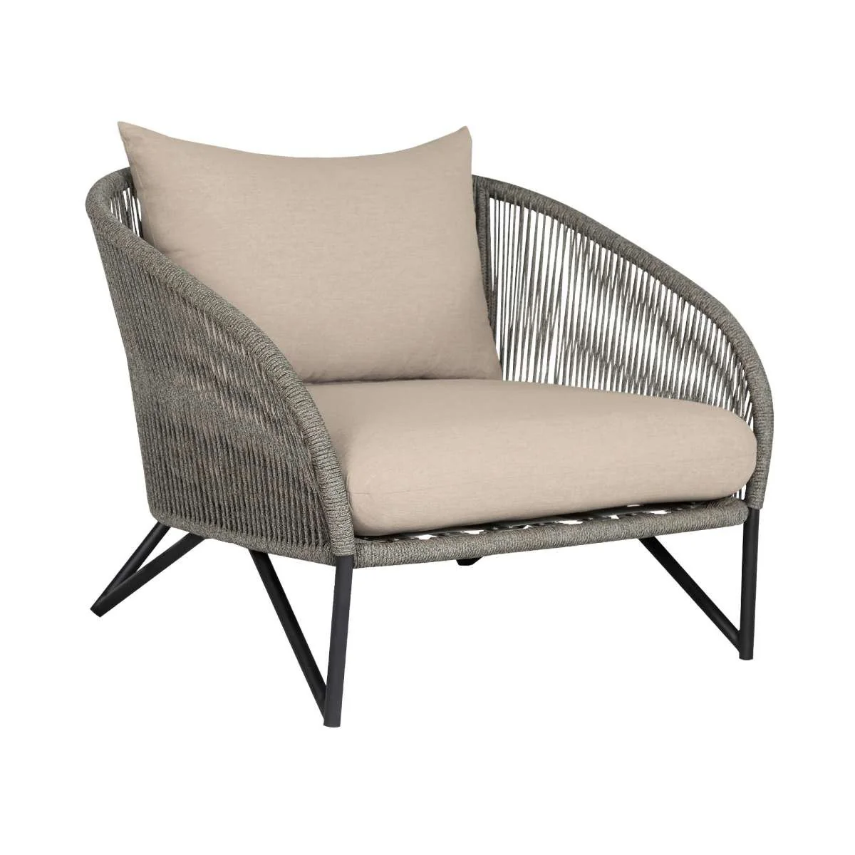 Benicia Outdoor Patio 4 Piece Conversation Set in Weathered Eucalyptus Wood and Metal with Gray Rope and Taupe Cushions By Armen Living - Image 4