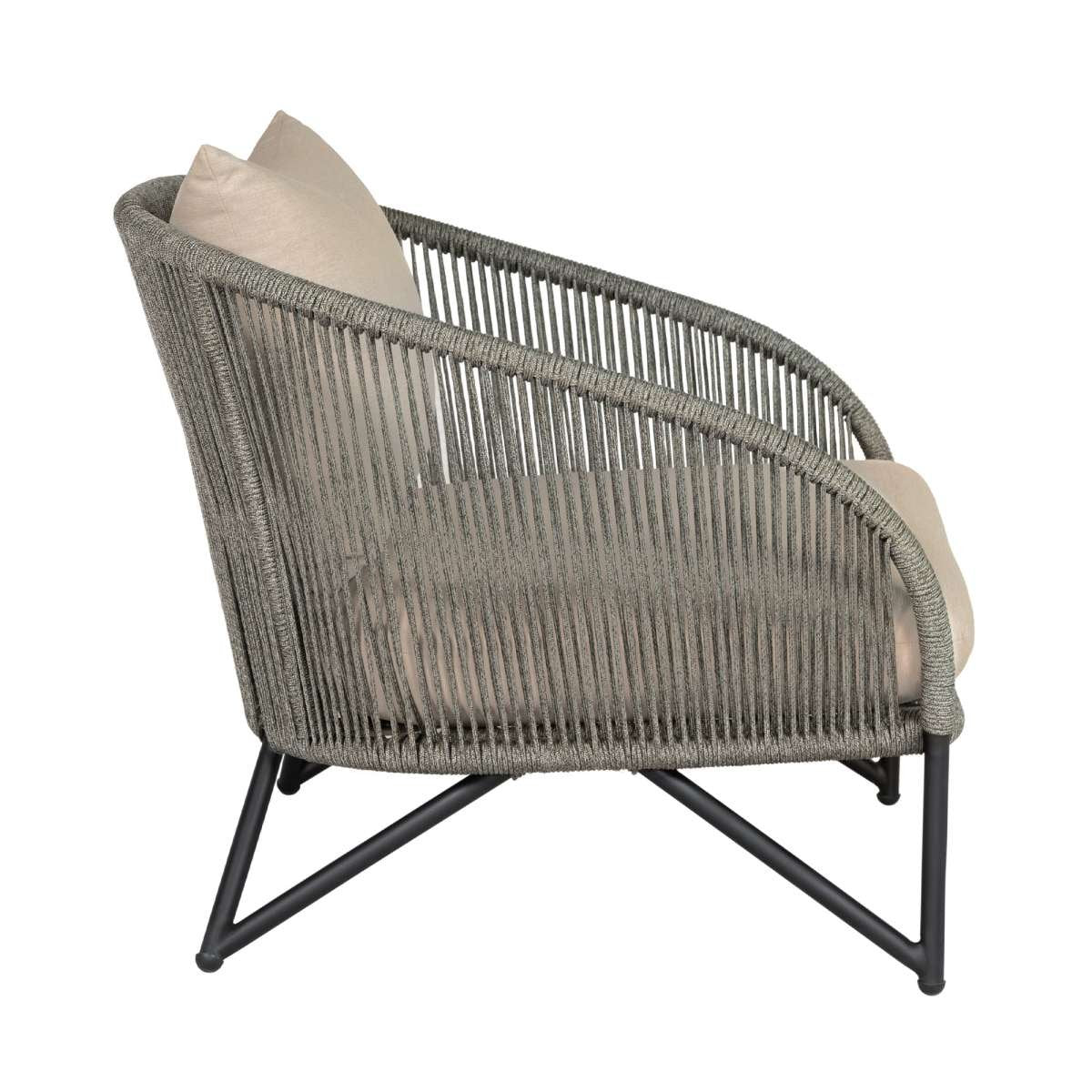 Benicia Outdoor Patio Chair in Black Steel with Gray Rope and Taupe Olefin Cushions By Armen Living - Image 4