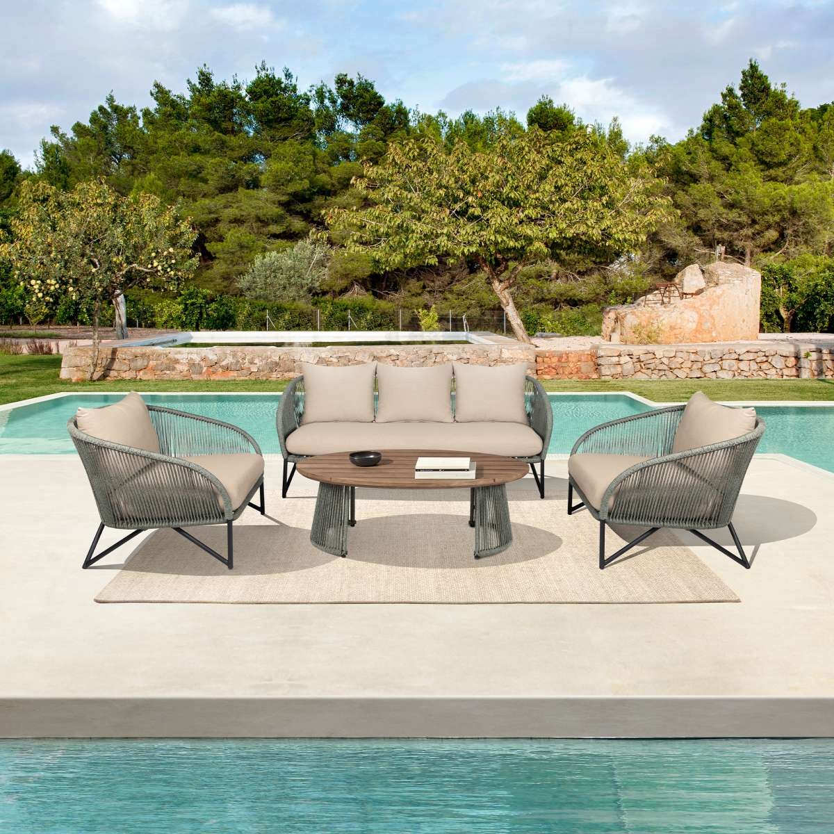 Benicia Outdoor Patio Oval Coffee Table in Weathered Eucalyptus Wood and Gray Rope By Armen Living - Image 2