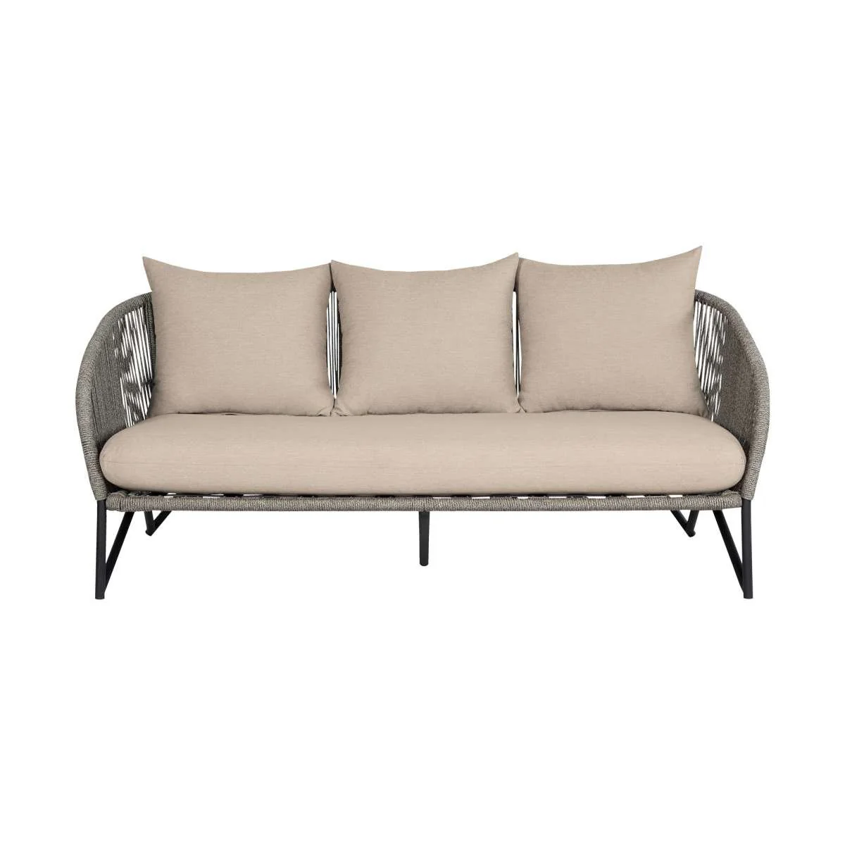 Benicia Outdoor Patio Sofa in Black Steel with Gray Rope and Taupe Olefin Cushions By Armen Living - Image 3