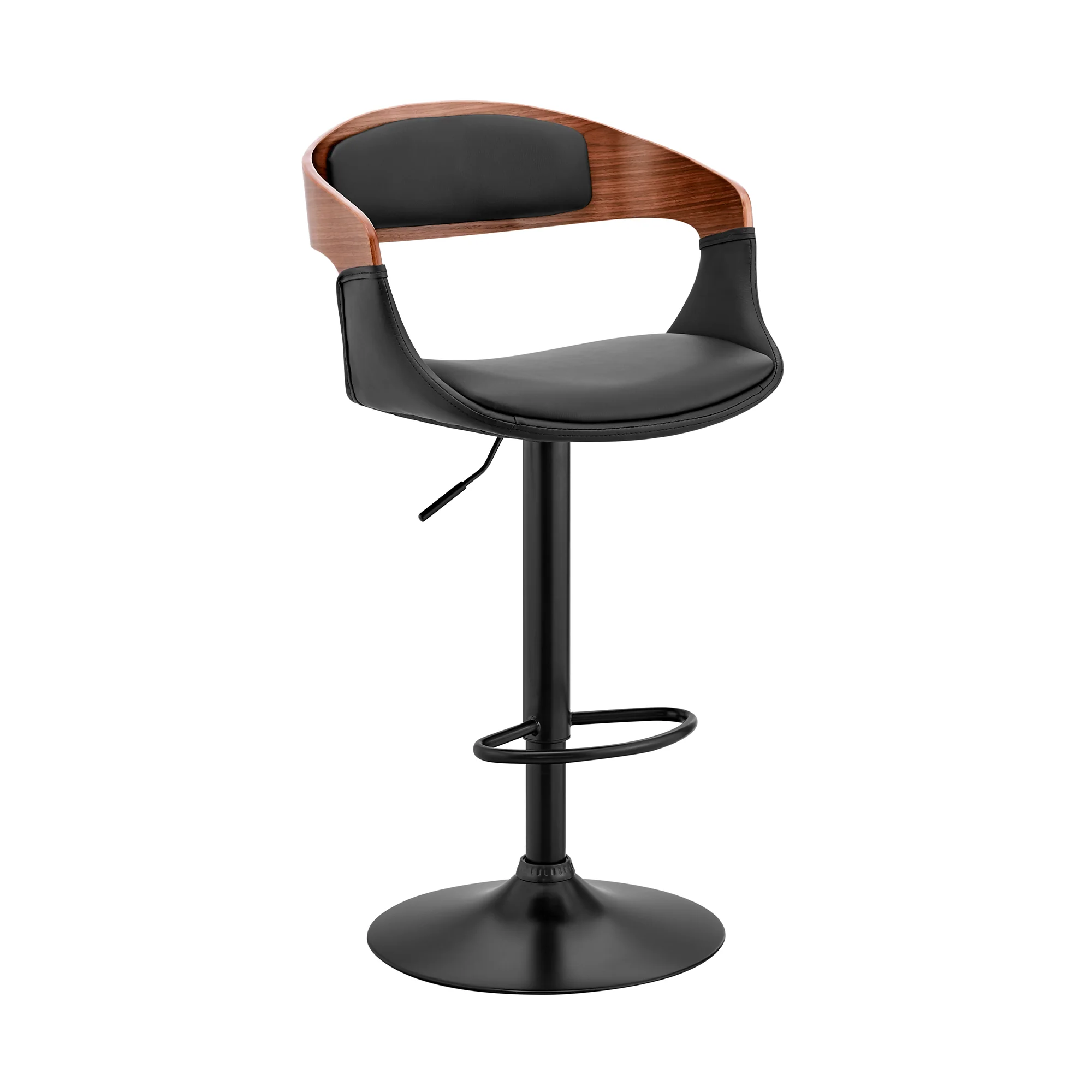 Benson Adjustable Black Faux Leather and Walnut Wood Bar Stool with Black Base By Armen Living - Image 2