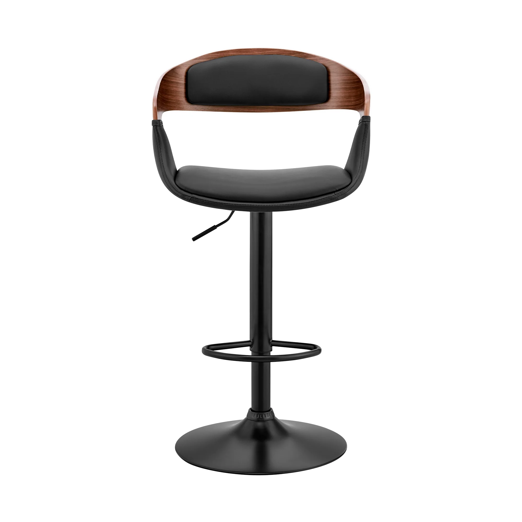 Benson Adjustable Black Faux Leather and Walnut Wood Bar Stool with Black Base By Armen Living - Image 3