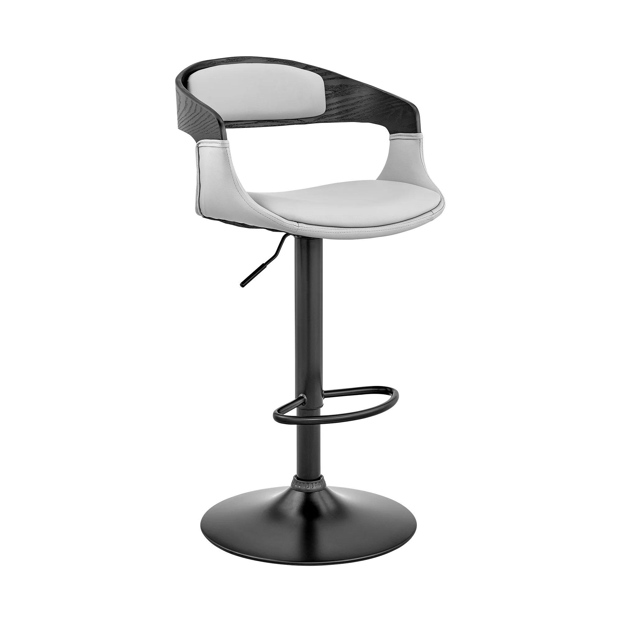 Benson Adjustable Gray Faux Leather and Black Wood Bar Stool with Black Base By Armen Living - Image 2