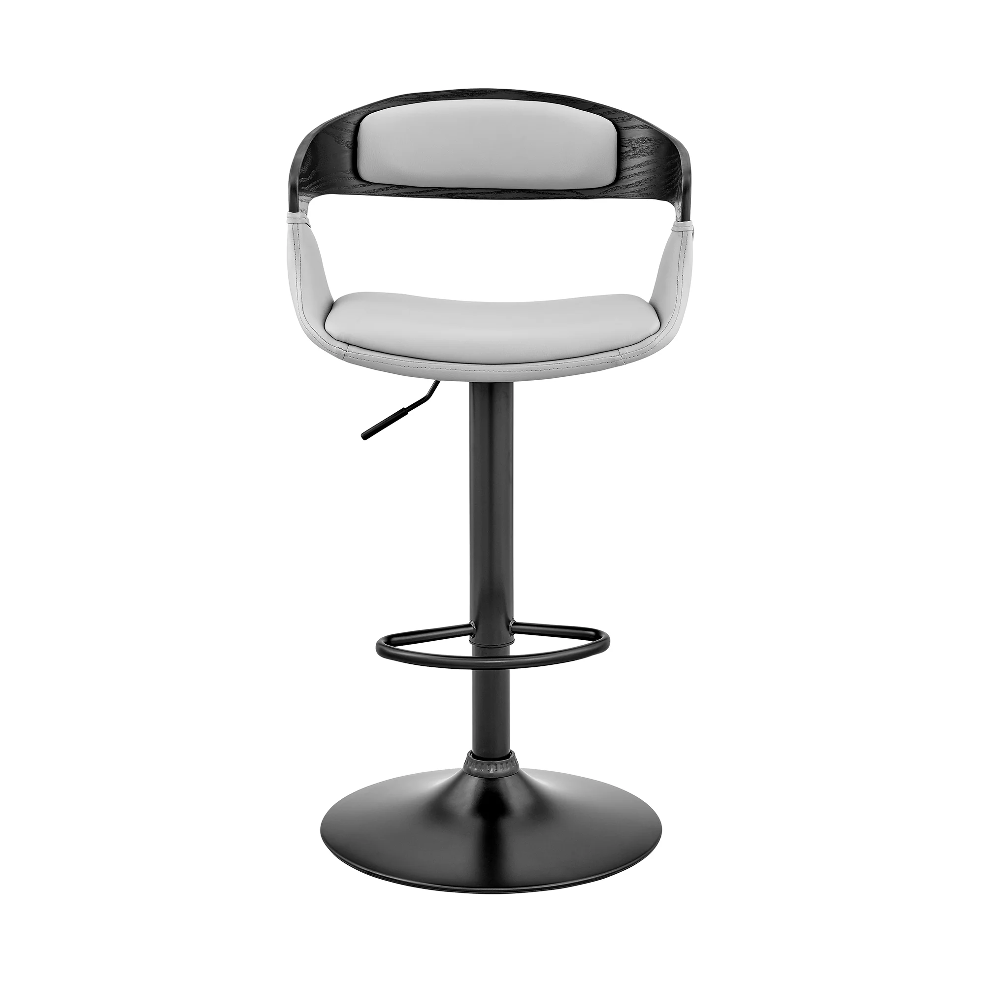 Benson Adjustable Gray Faux Leather and Black Wood Bar Stool with Black Base By Armen Living - Image 3