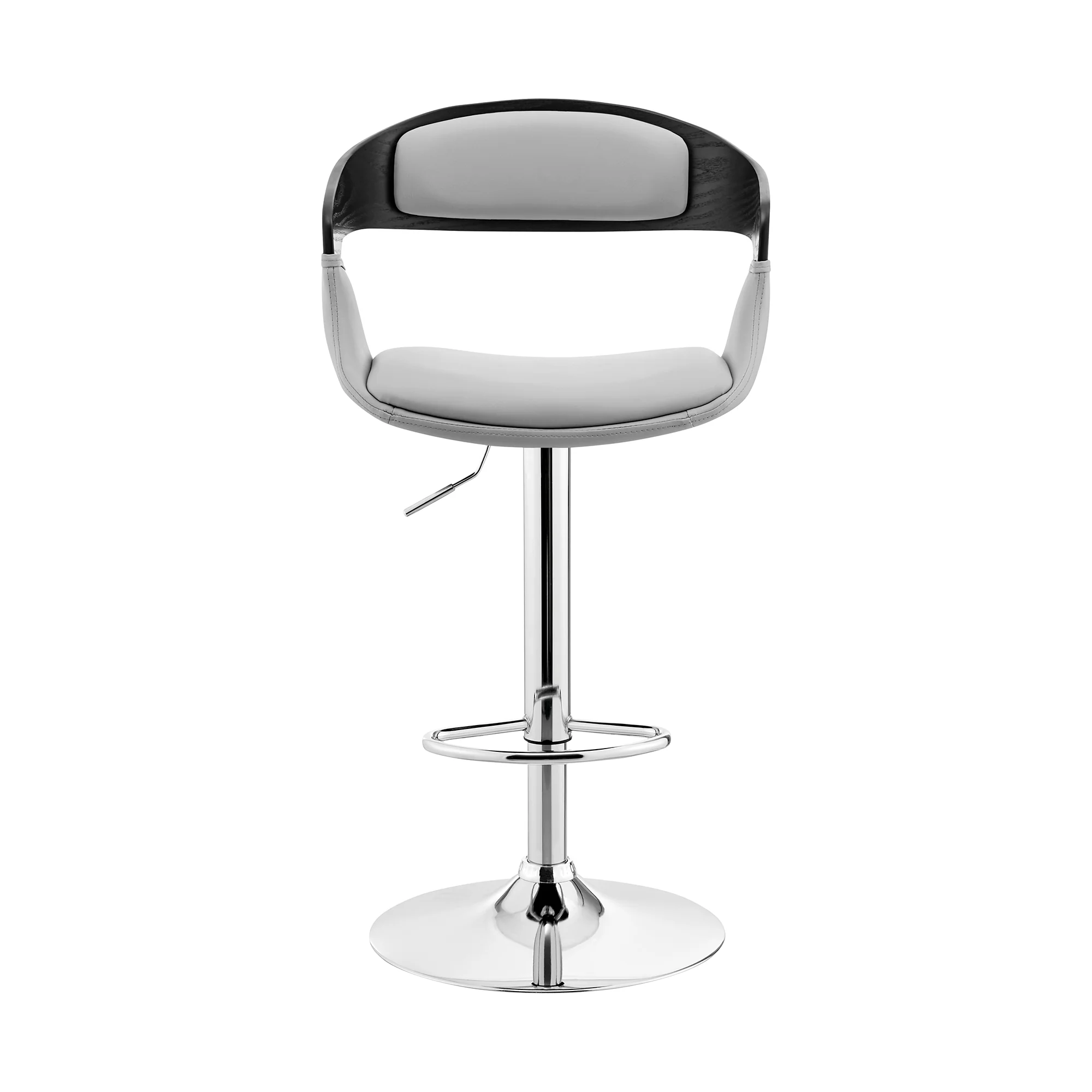 Benson Adjustable Gray Faux Leather and Black Wood Bar Stool with Chrome Base By Armen Living - Image 3