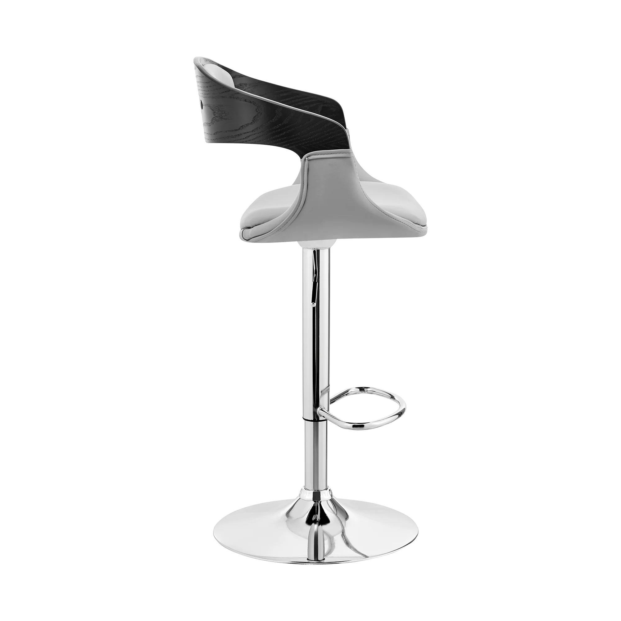 Benson Adjustable Gray Faux Leather and Black Wood Bar Stool with Chrome Base By Armen Living - Image 4