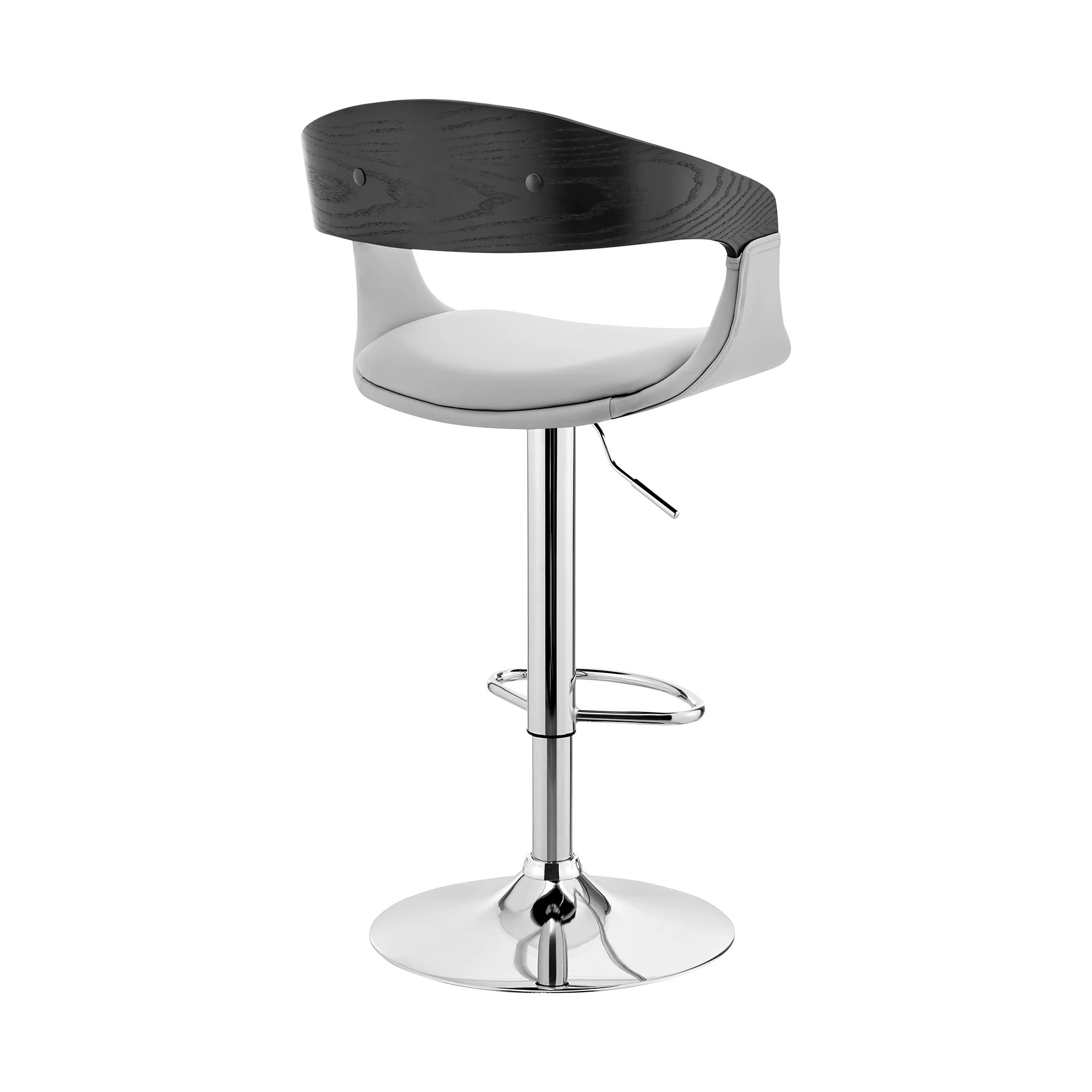 Benson Adjustable Gray Faux Leather and Black Wood Bar Stool with Chrome Base By Armen Living - Image 5