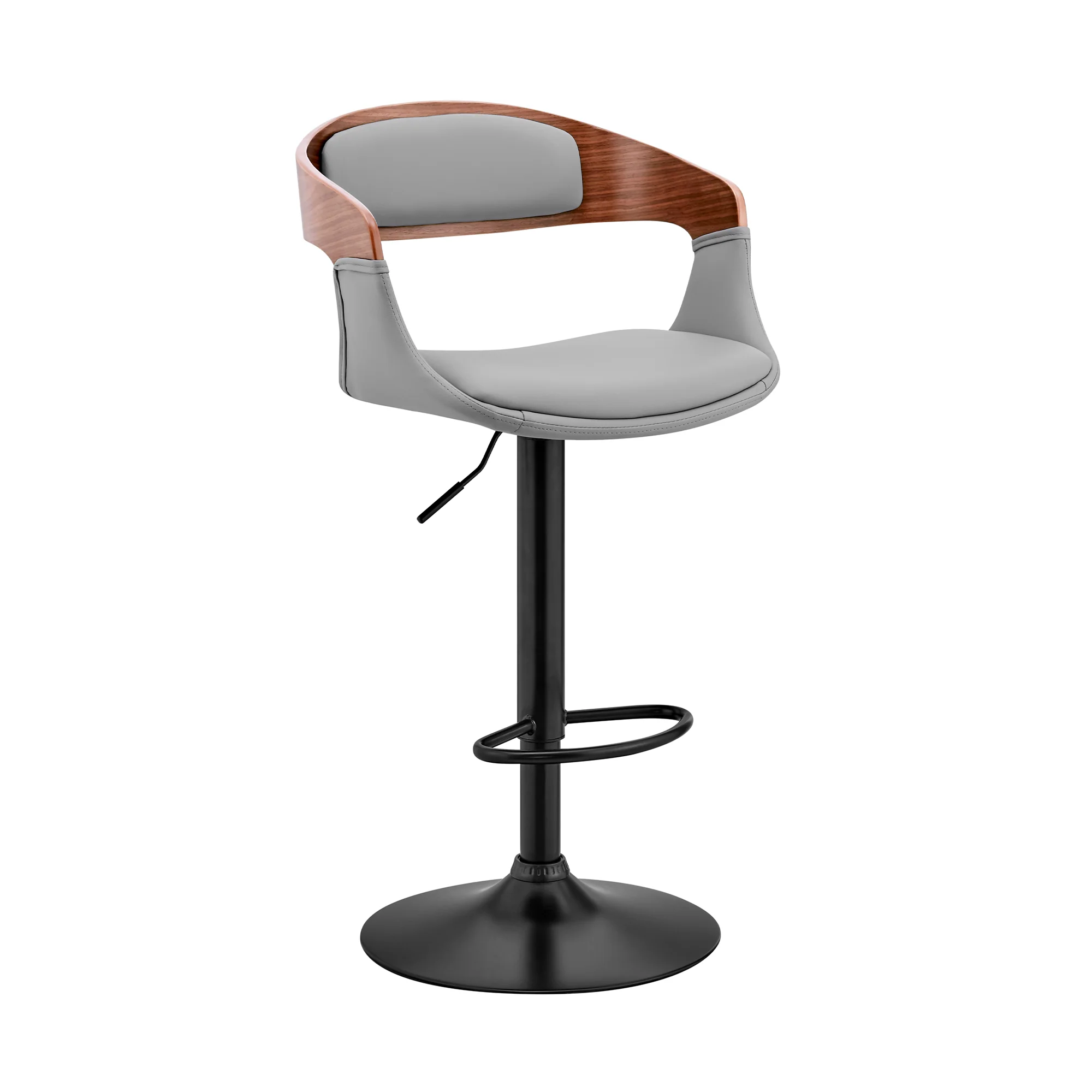 Benson Adjustable Gray Faux Leather and Walnut Wood Bar Stool with Black Base By Armen Living - Image 2