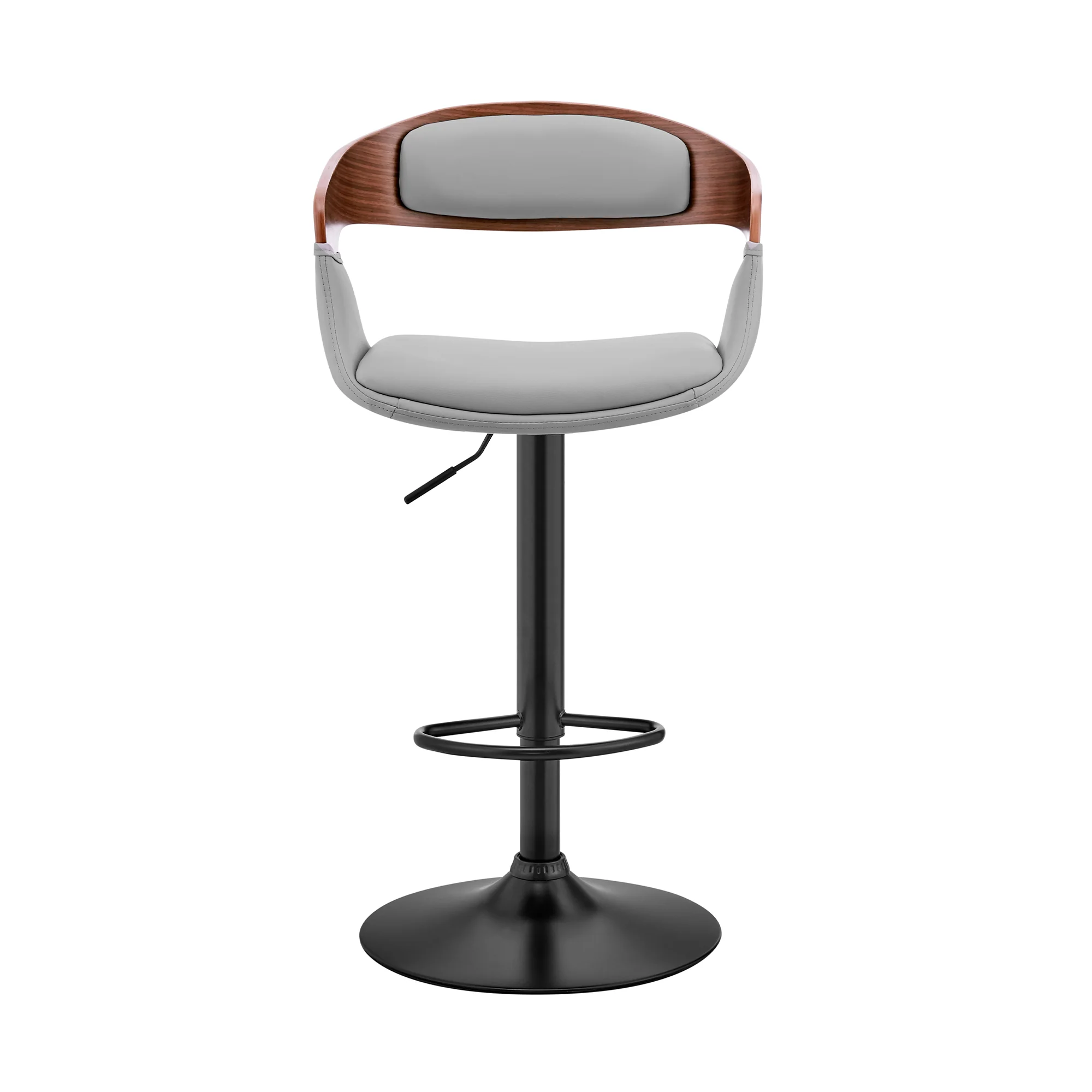 Benson Adjustable Gray Faux Leather and Walnut Wood Bar Stool with Black Base By Armen Living - Image 3
