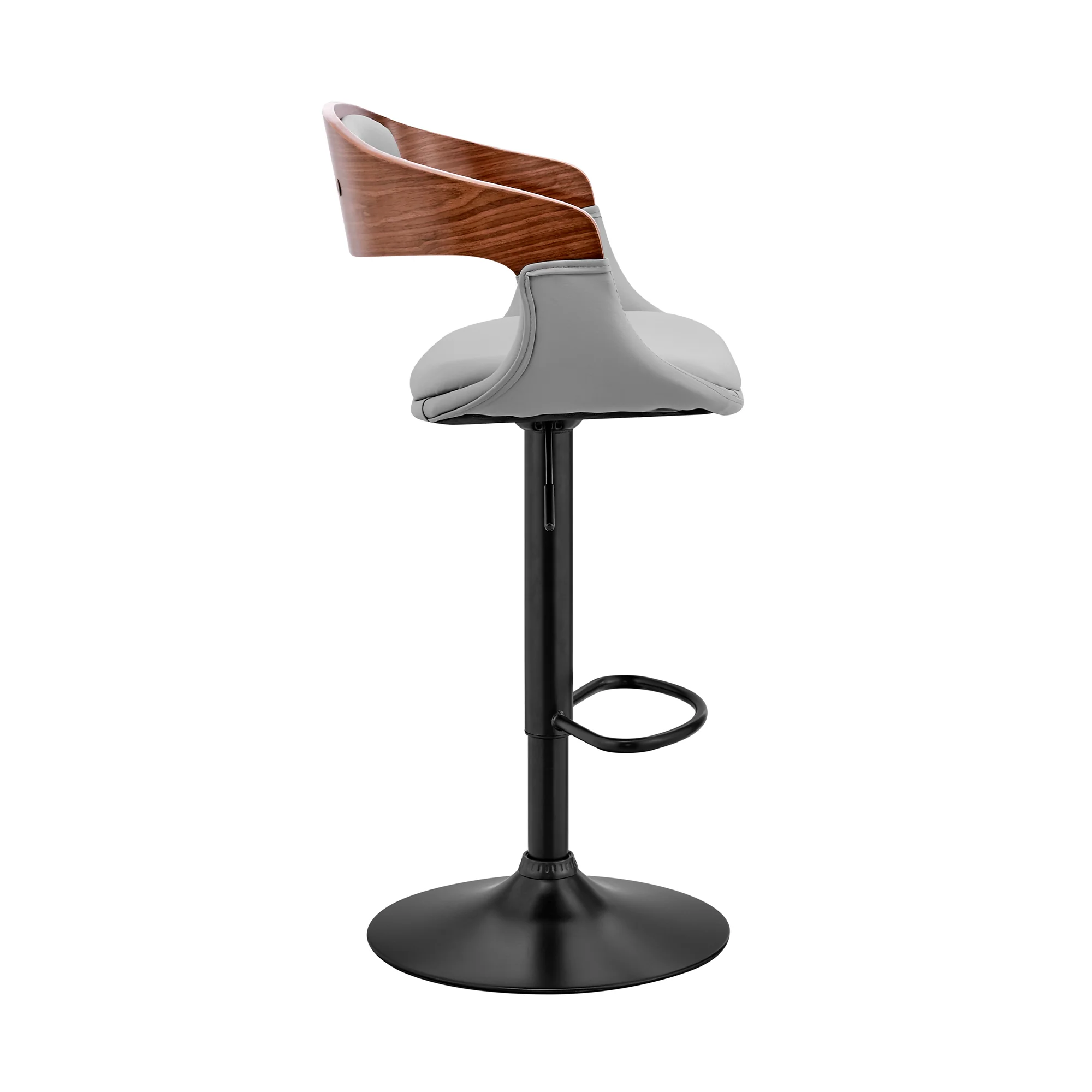 Benson Adjustable Gray Faux Leather and Walnut Wood Bar Stool with Black Base By Armen Living - Image 4