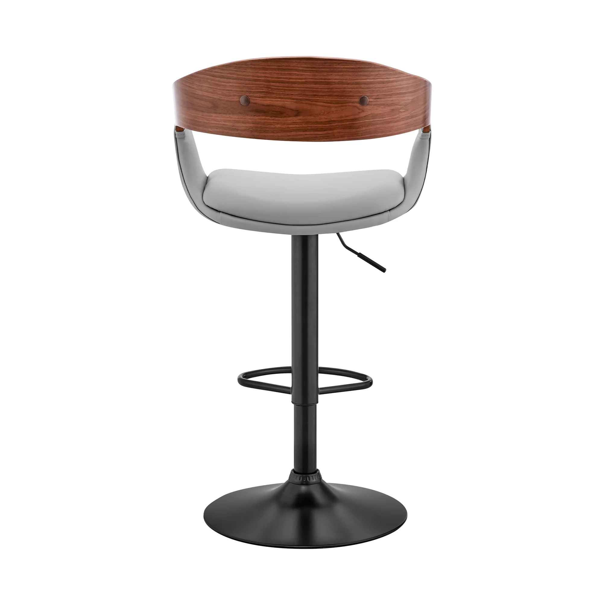Benson Adjustable Gray Faux Leather and Walnut Wood Bar Stool with Black Base By Armen Living - Image 6