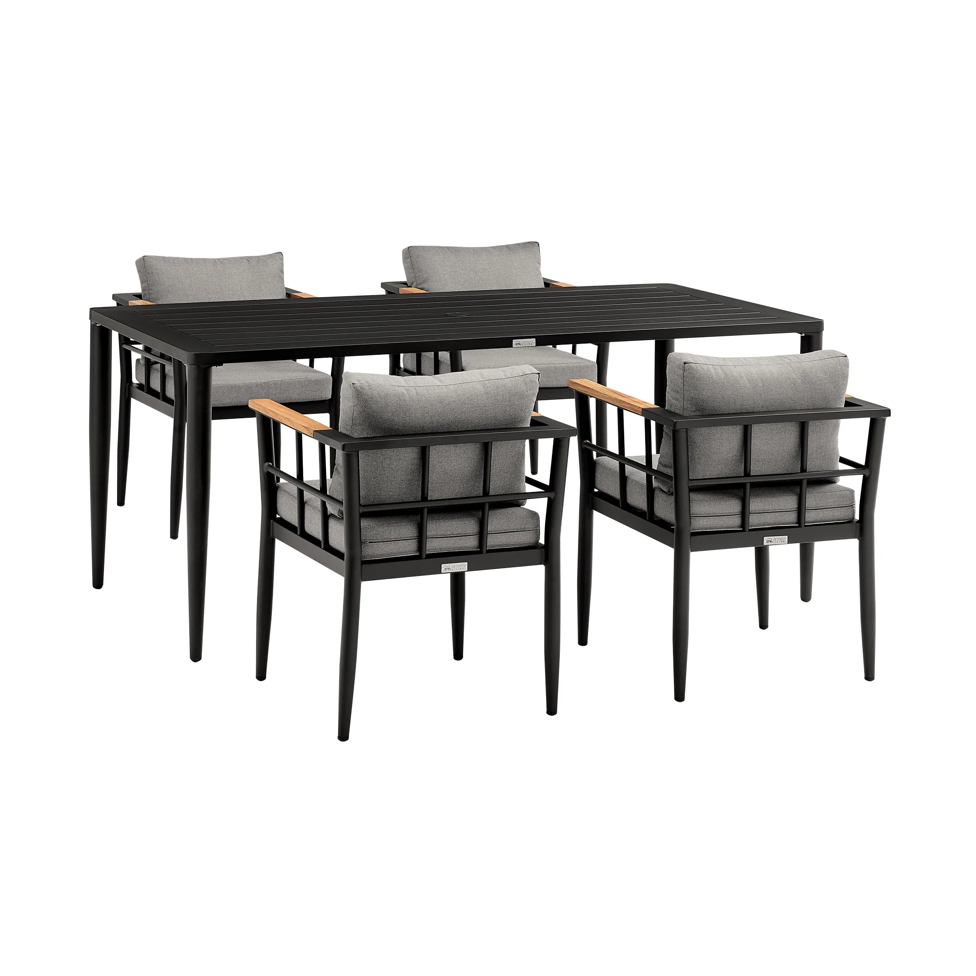 Beowulf Outdoor Patio 5-Piece Dining Table Set in Aluminum and Teak with Grey Cushions By Armen Living - Image 2