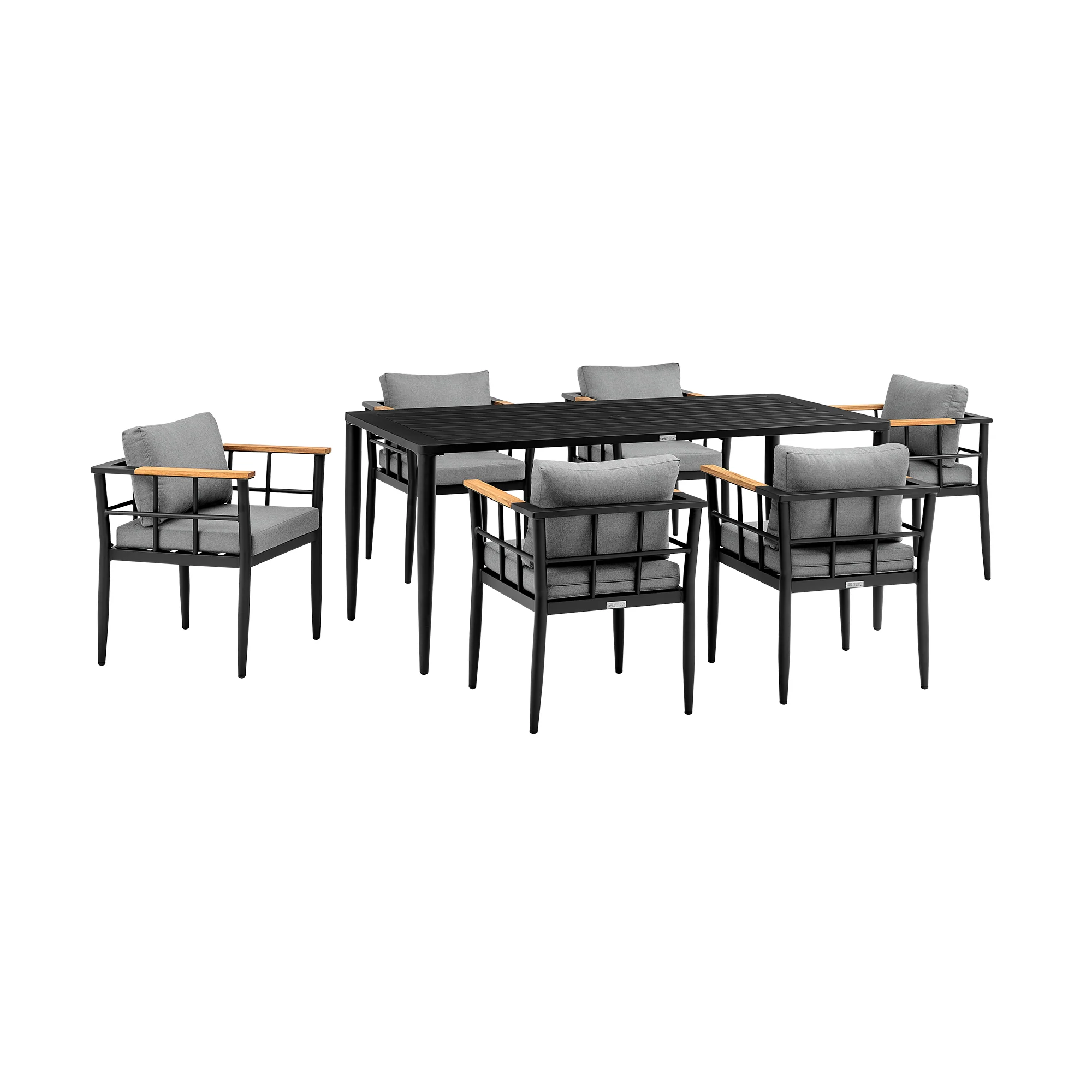 Beowulf Outdoor Patio 7-Piece Dining Table Set in Aluminum and Teak with Grey Cushions By Armen Living - Image 2