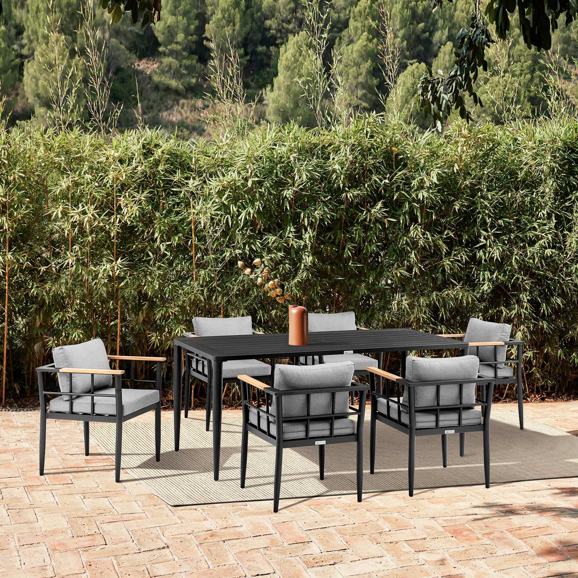 Beowulf Outdoor Patio Dining Chair in Aluminum and Teak with Grey Cushions – Set of 2 By Armen Living - Image 3