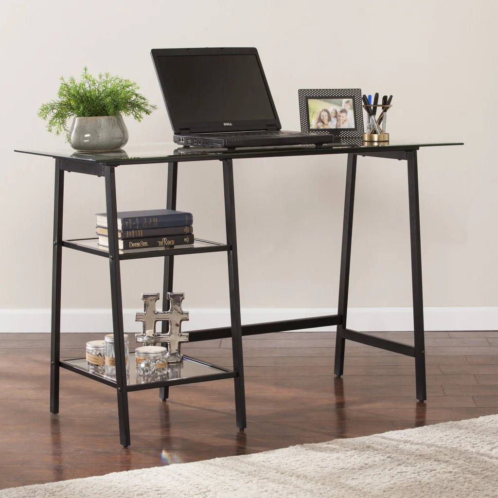 Black A Frame Metal and Glass Writing Desk By Homeroots - Image 3