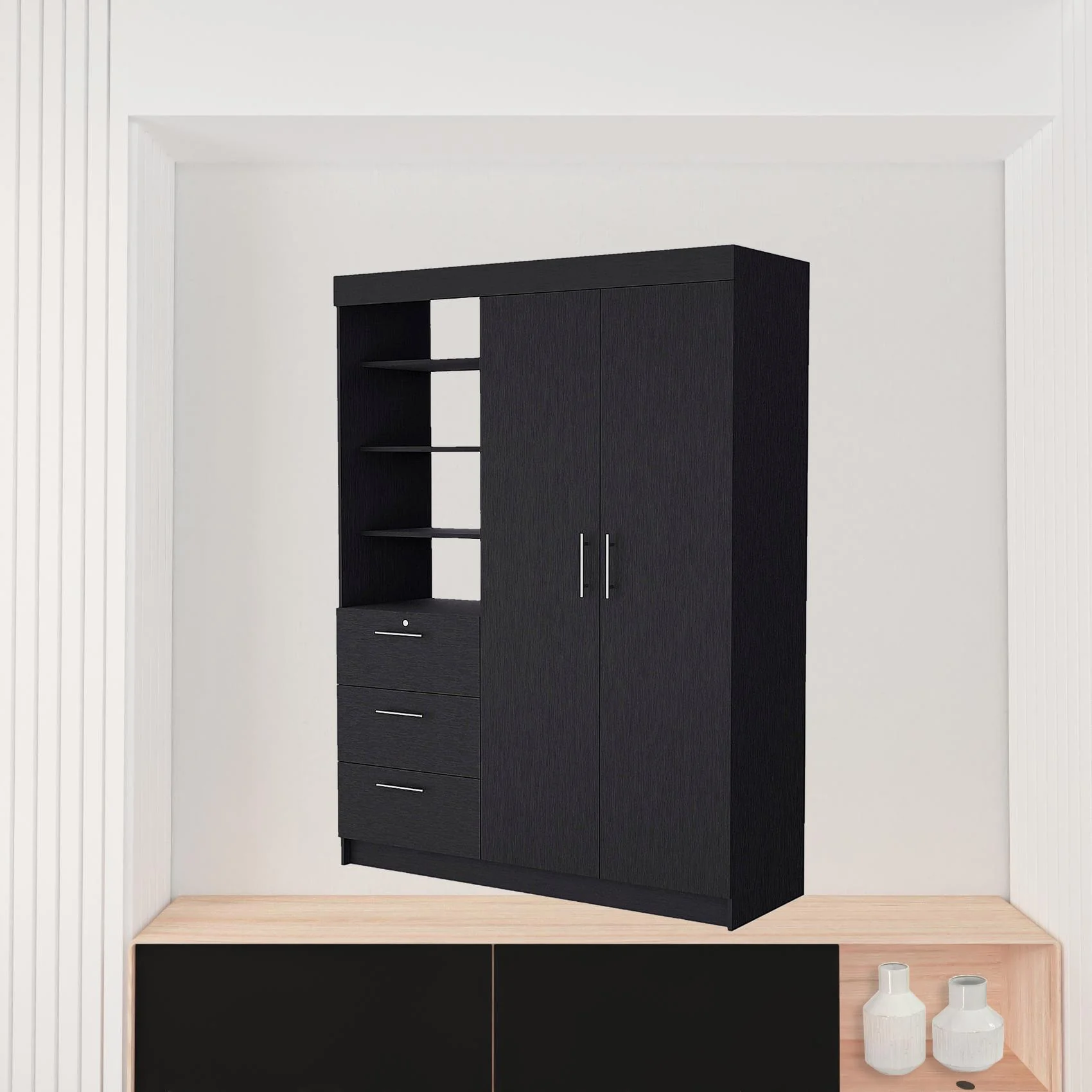 Black Accent Cabinet Soft Close With Three Shelves And One Drawer By Homeroots - Image 3