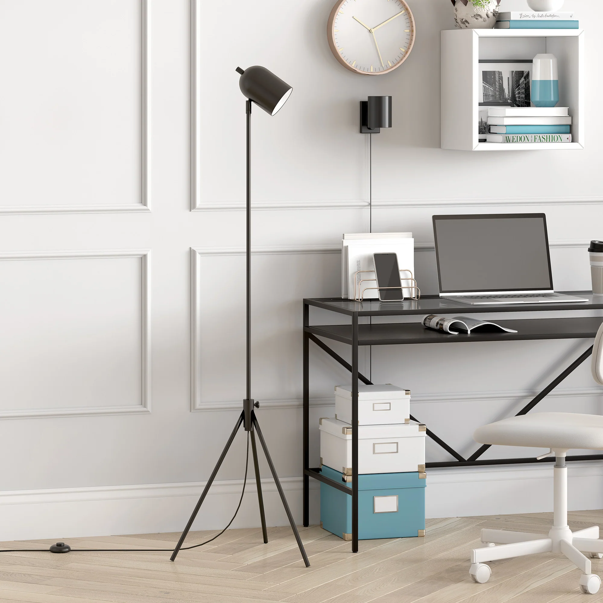 Black Adjustable Tripod Floor Lamp With Black Metal Cylinder Shade By Homeroots - Image 5