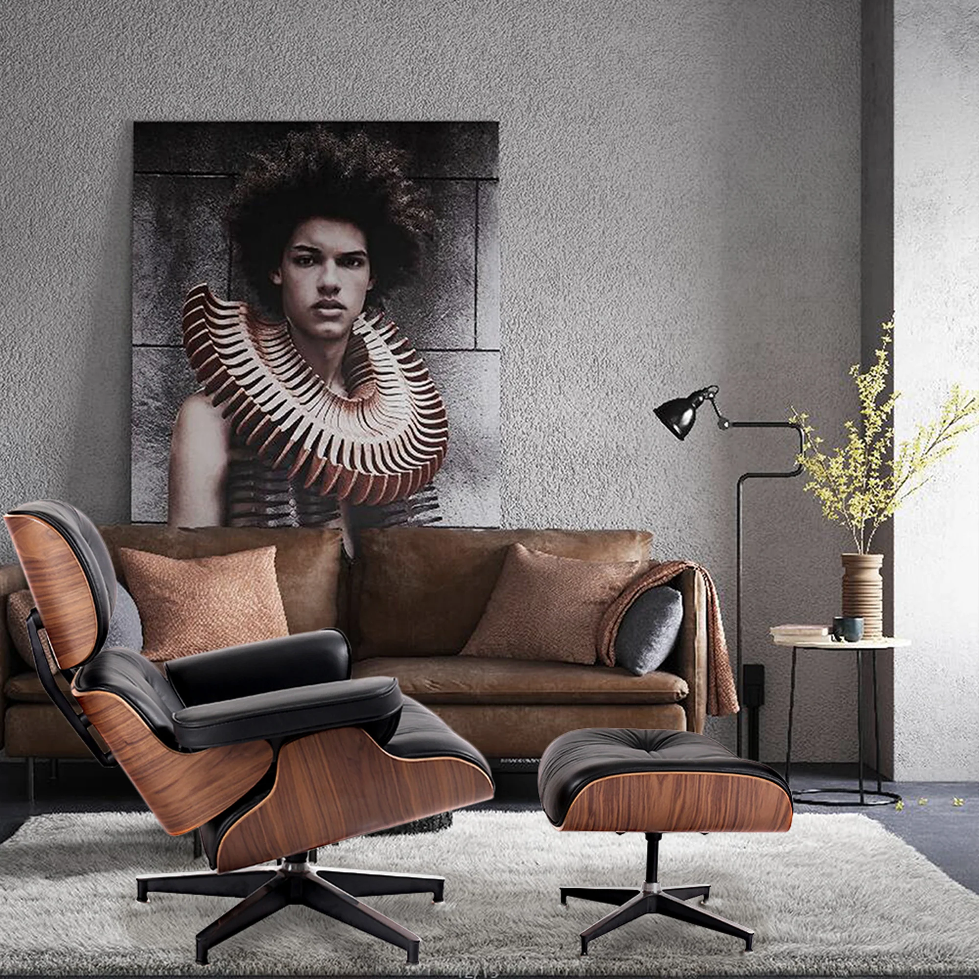 Black and Brown Genuine Leather Tufted Swivel Lounge Chair With Ottoman By Homeroots - Image 2