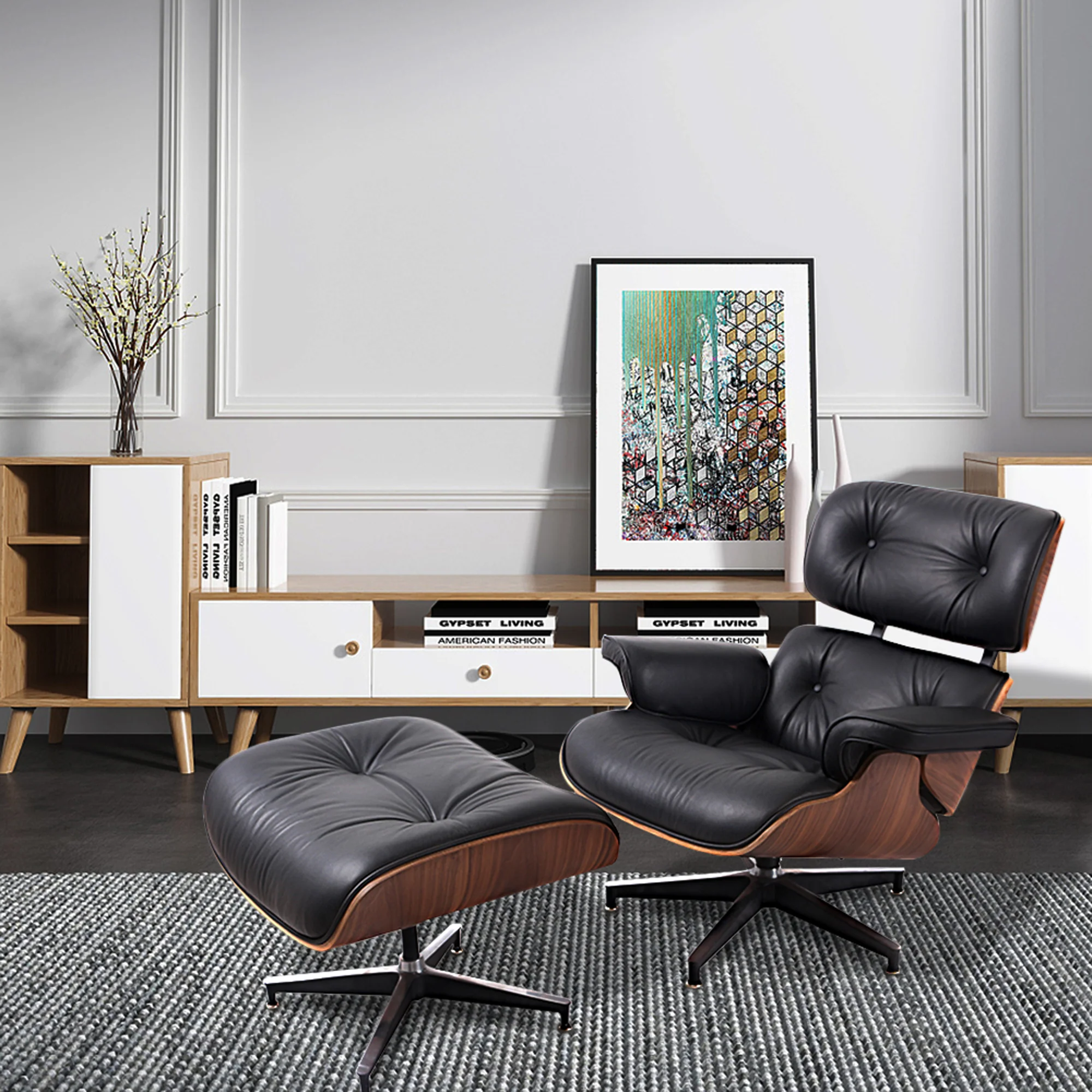 Black and Brown Genuine Leather Tufted Swivel Lounge Chair With Ottoman By Homeroots - Image 7