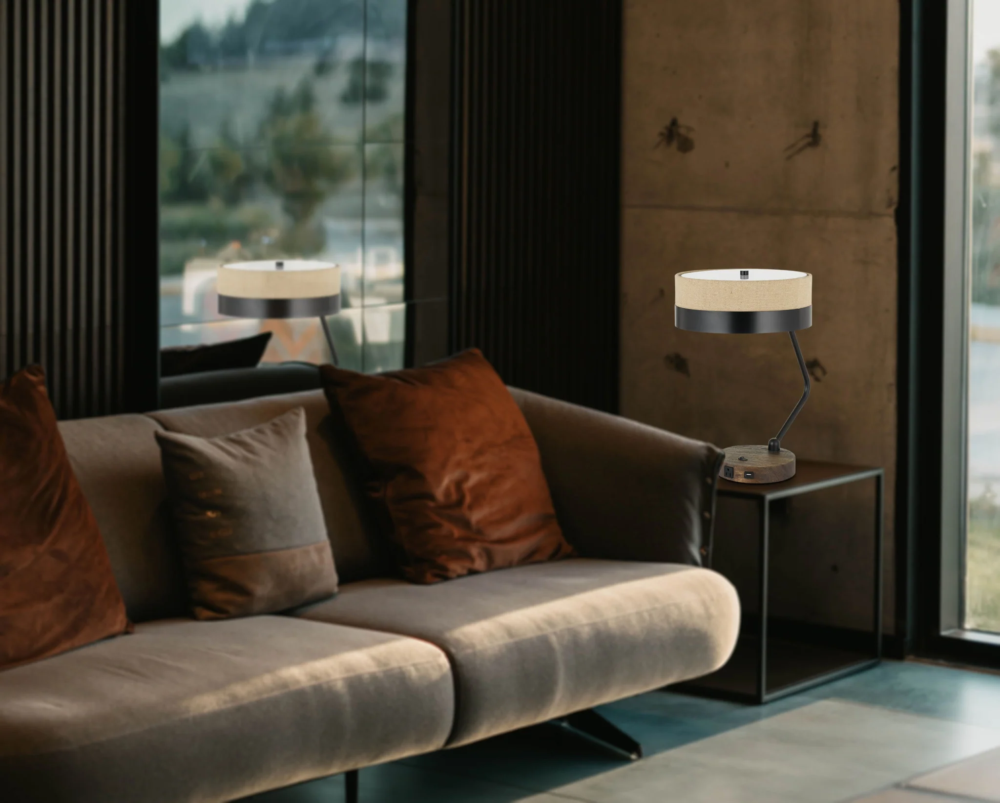 Black And Brown Wood And Metal Two Light USB Table Lamp With Beige And Black Shade By Homeroots - Image 2