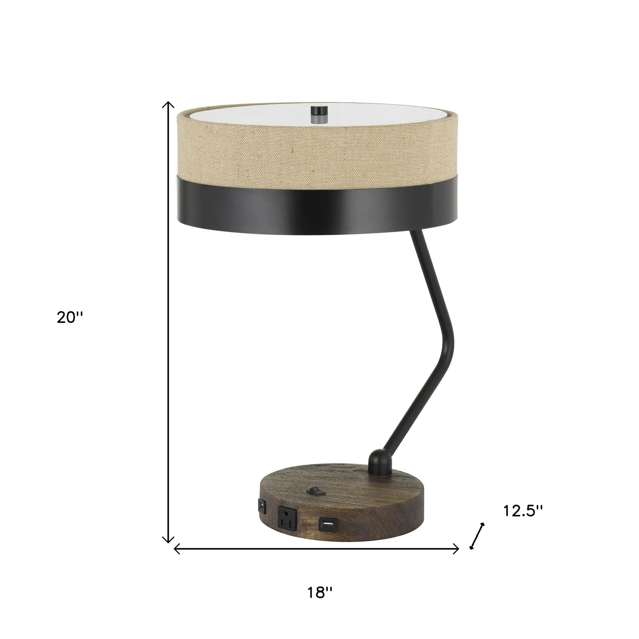 Black And Brown Wood And Metal Two Light USB Table Lamp With Beige And Black Shade By Homeroots - Image 3