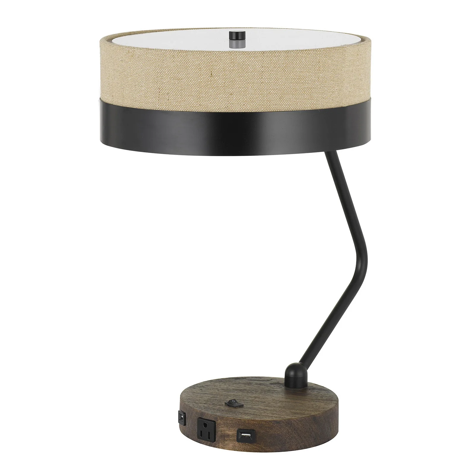 Black And Brown Wood And Metal Two Light USB Table Lamp With Beige And Black Shade By Homeroots - Image 4