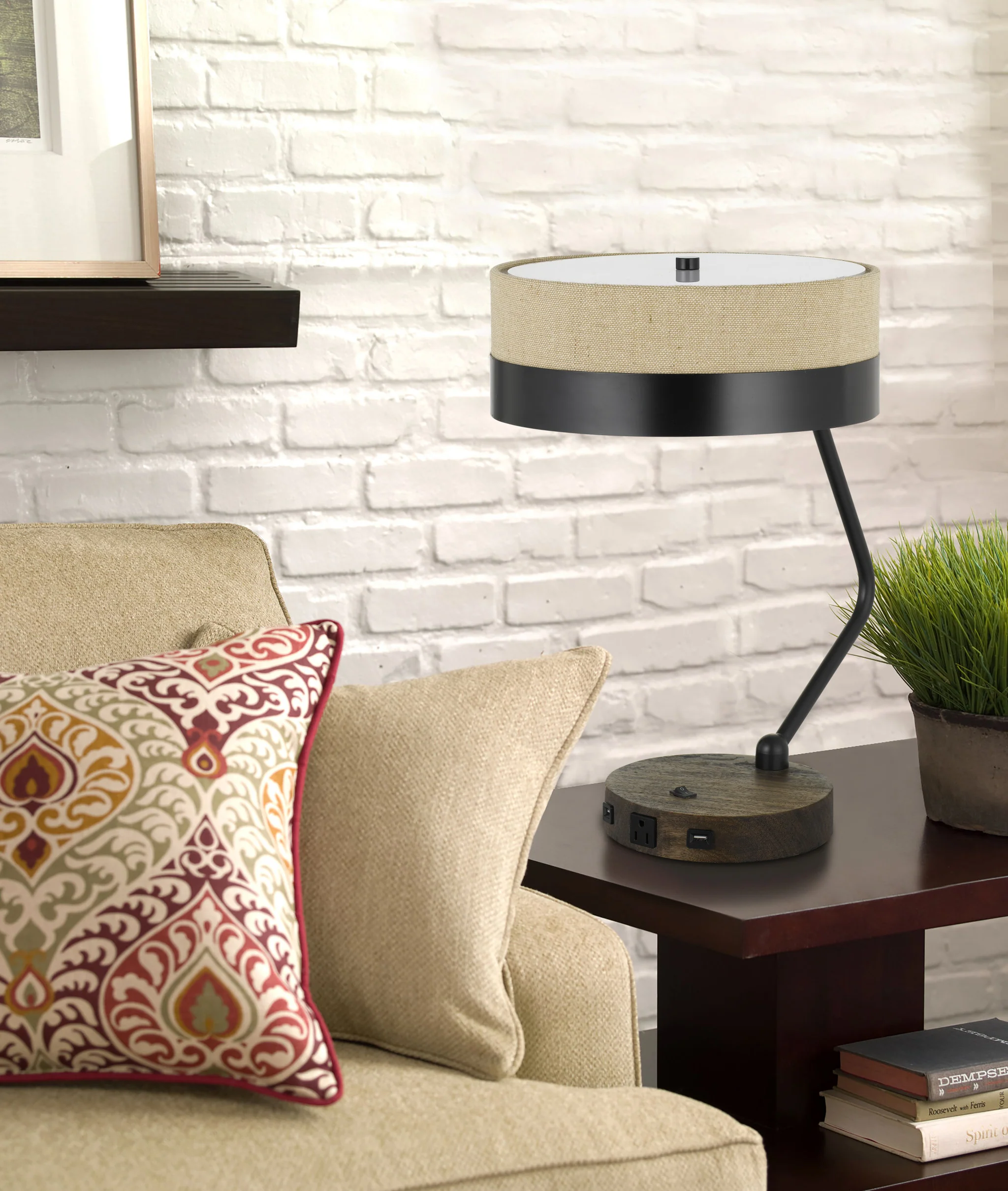 Black And Brown Wood And Metal Two Light USB Table Lamp With Beige And Black Shade By Homeroots - Image 5
