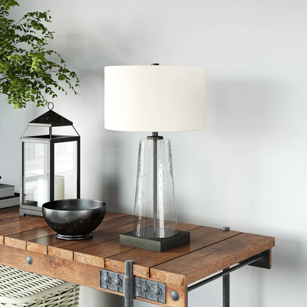 Black and Clear Metal and Glass Table Lamp With White Drum Shade By Homeroots - Image 8