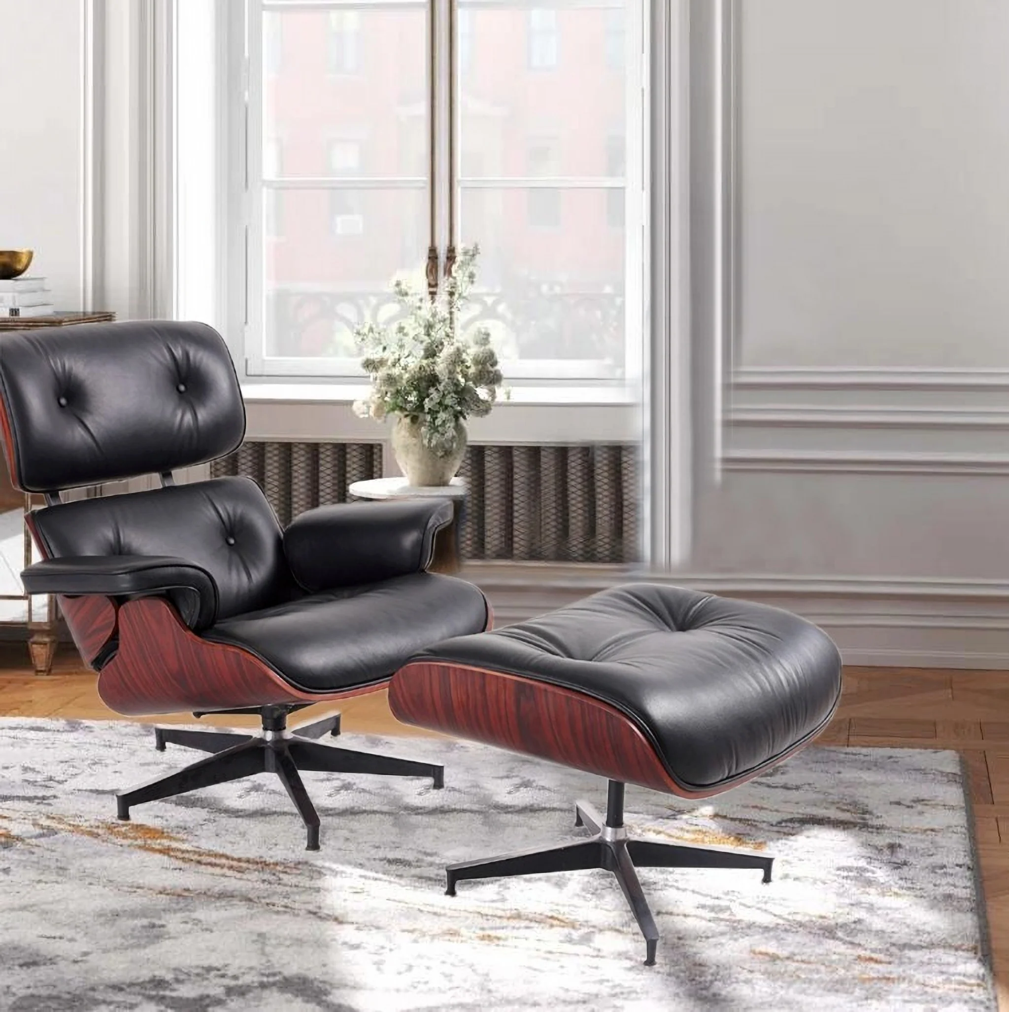 Black and Dark Brown Genuine Leather Tufted Swivel Lounge Chair With Ottoman By Homeroots - Image 2