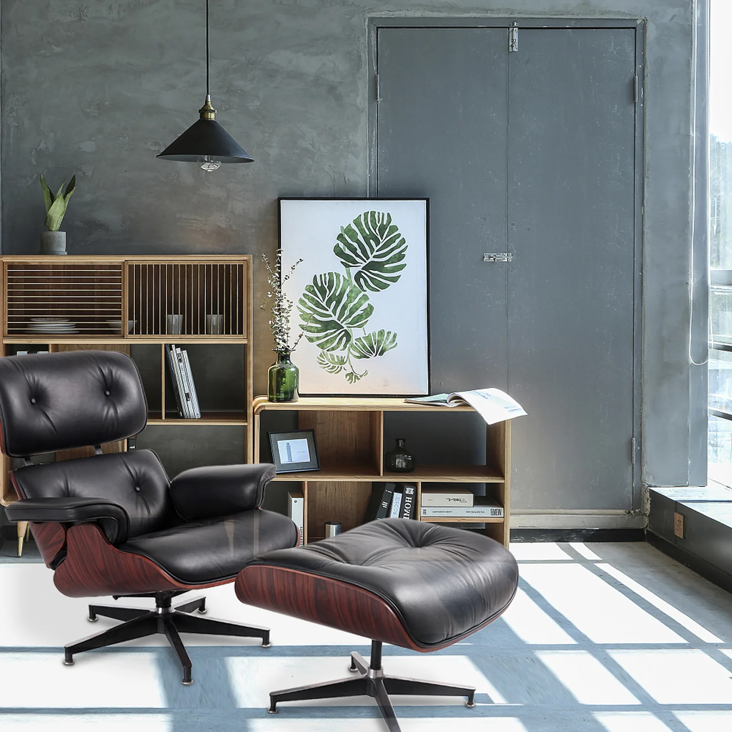 Black and Dark Brown Genuine Leather Tufted Swivel Lounge Chair With Ottoman By Homeroots - Image 7