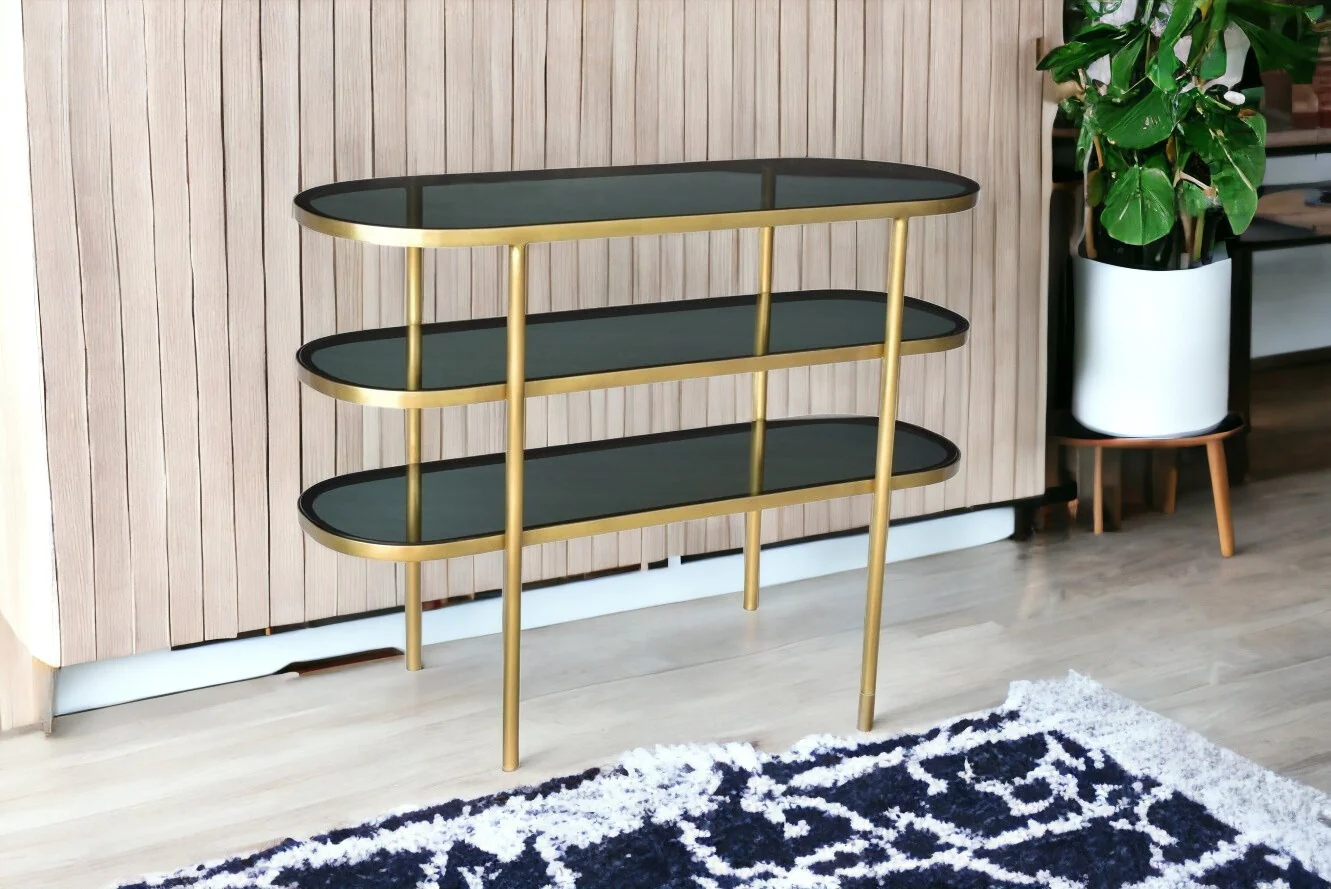 Black and Gold Glass Oval Console Table With Storage By Homeroots - Image 6