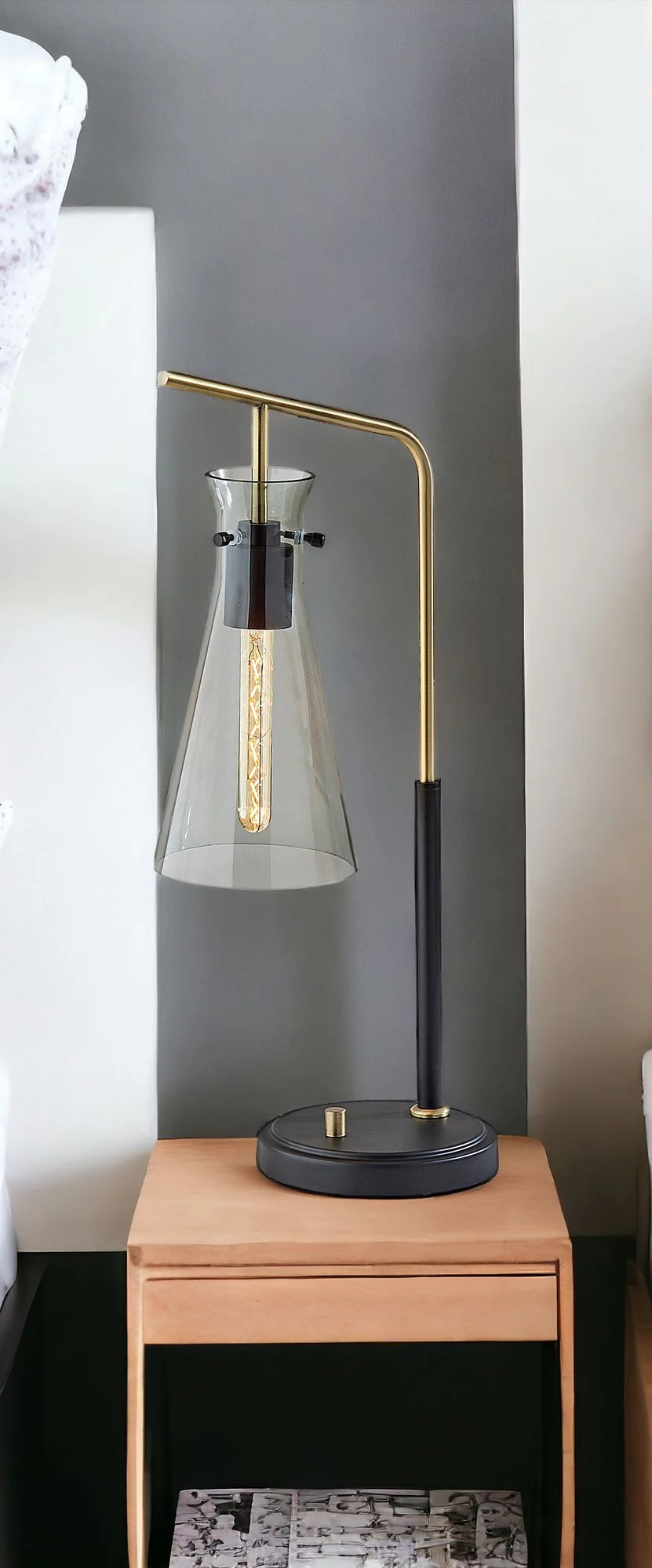Black and Gold Metal Desk Lamp With Light Gray Cone Shade By Homeroots - Image 2