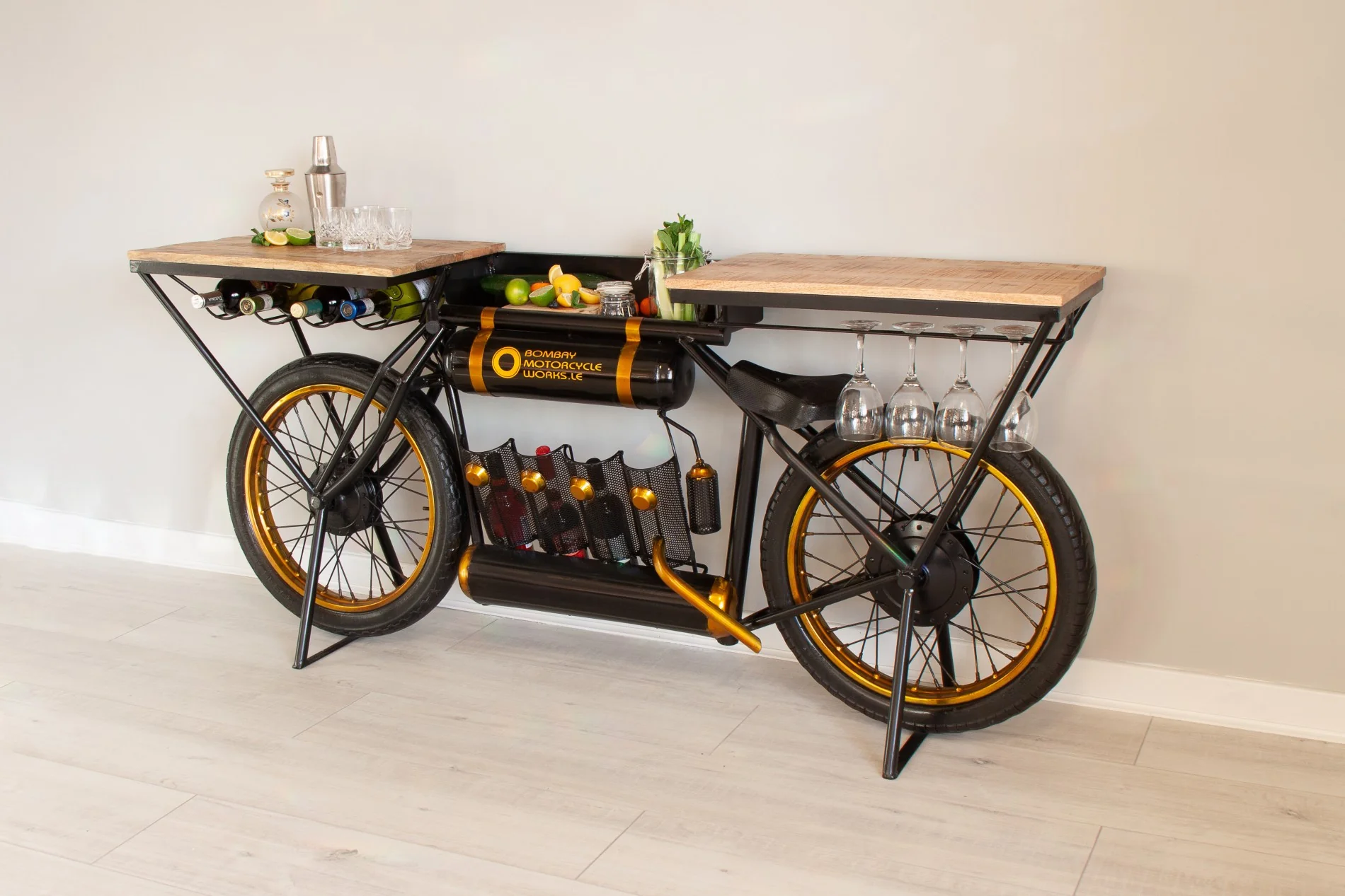 Black And Gold Metal Mango Wood Bike Bar Counter By Homeroots - Image 6