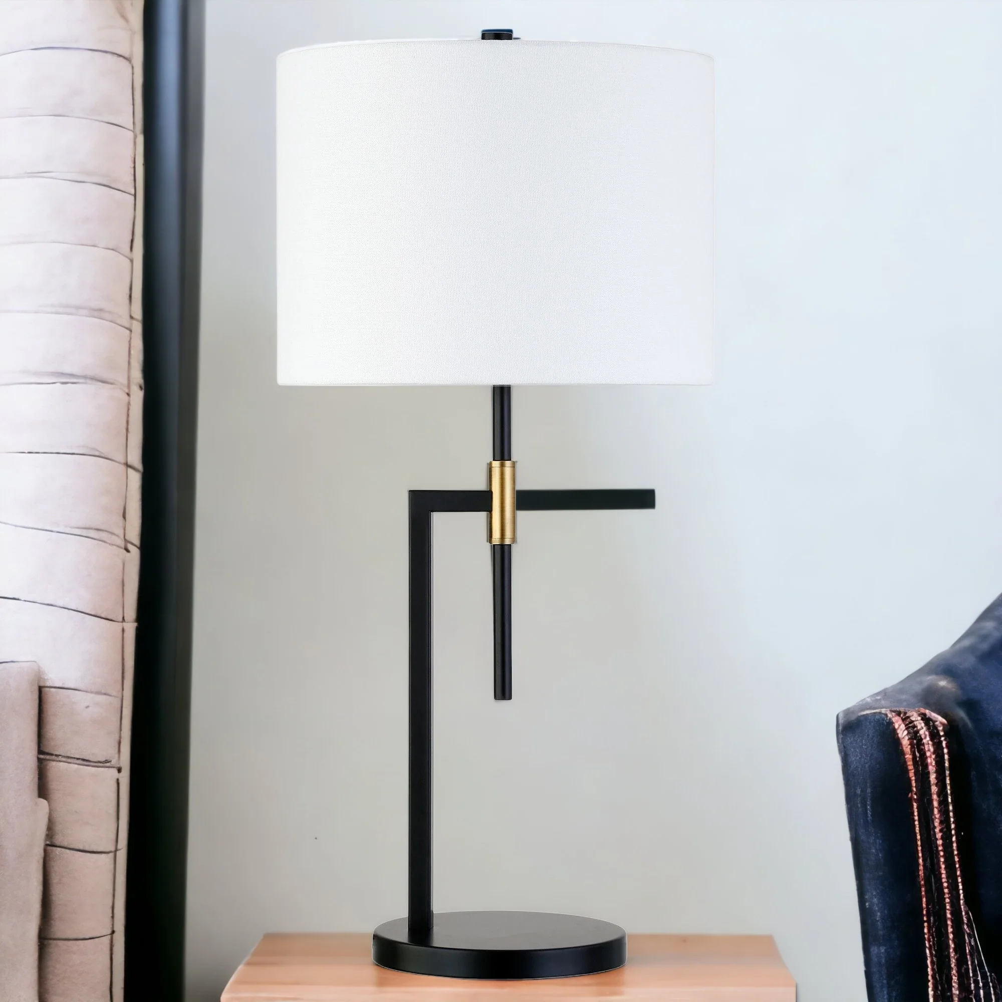 Black and Gold Metal Table Lamp With White Drum Shade By Homeroots - Image 2