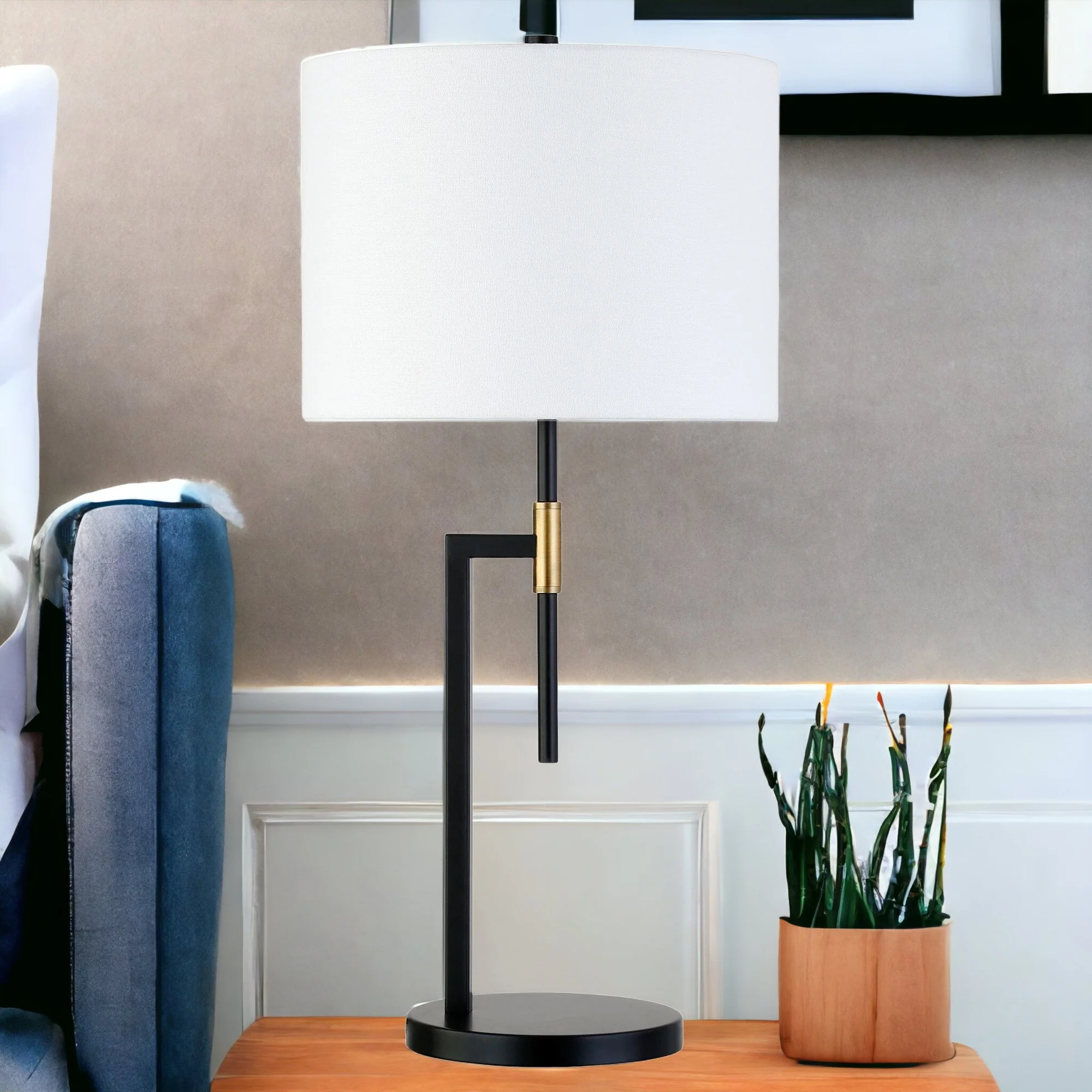 Black and Gold Metal Table Lamp With White Drum Shade By Homeroots - Image 3
