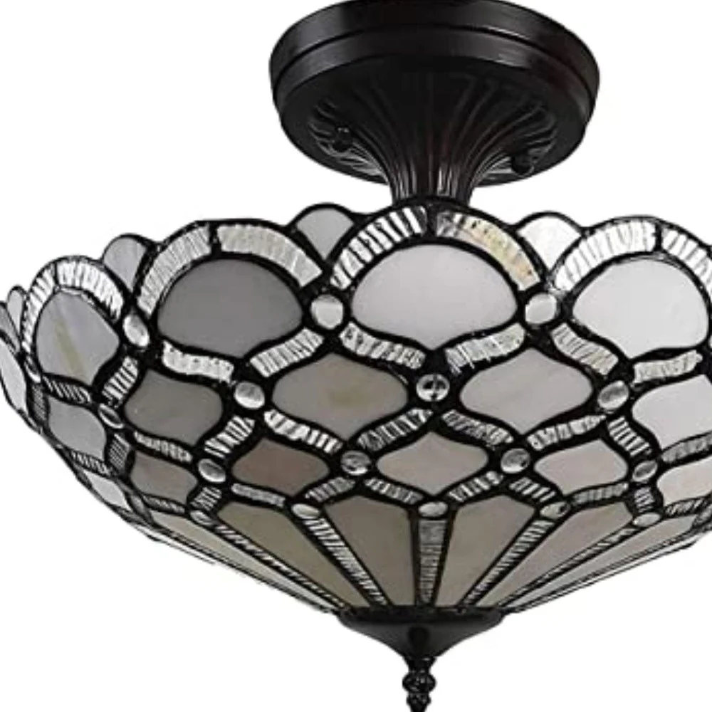 Black and Gray Two Light Tiffany Style Semi Flush Dimmable Ceiling LIght By Homeroots - Image 4