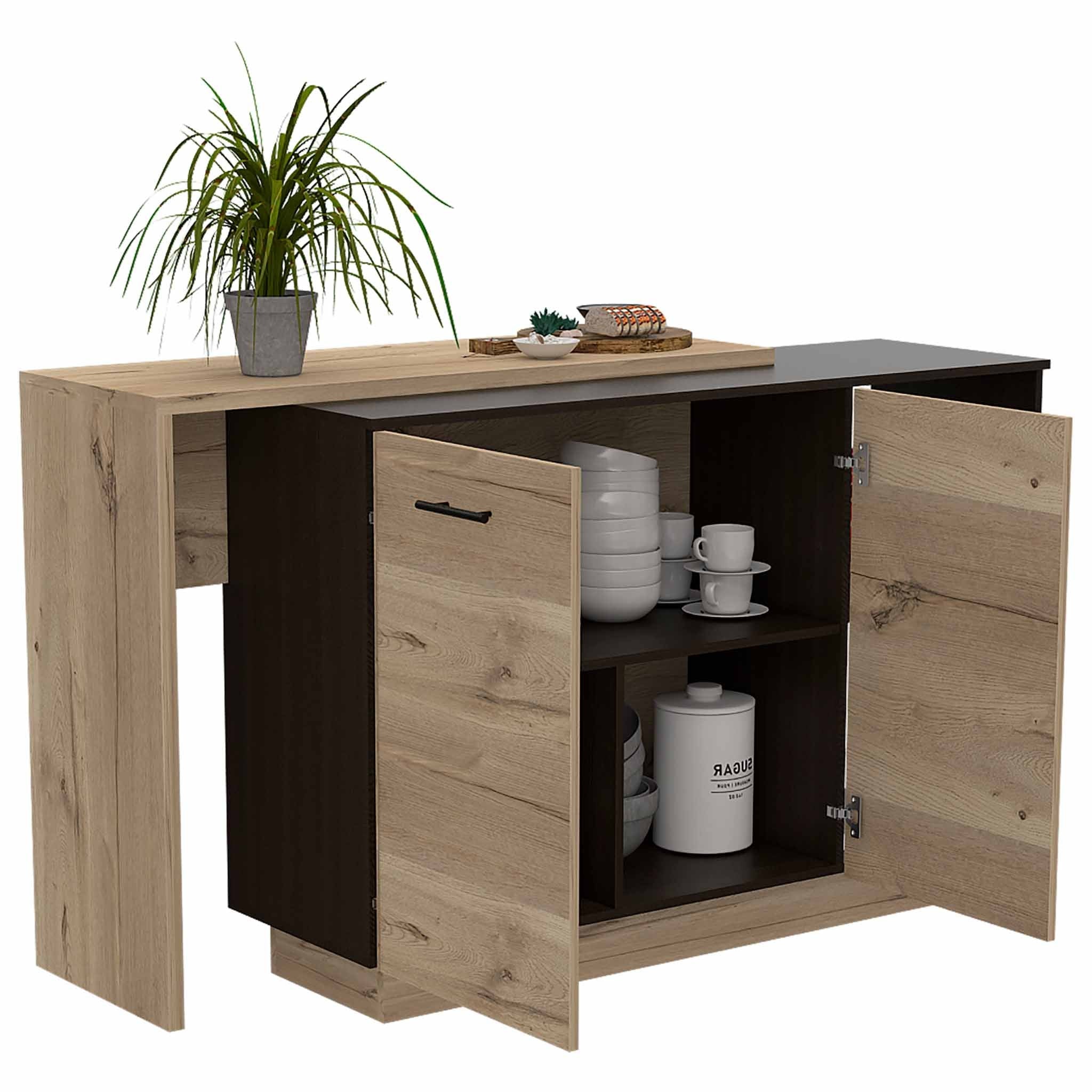 Black and Light Oak Contemporary Kitchen Island with Bar Table By Homeroots - Image 2