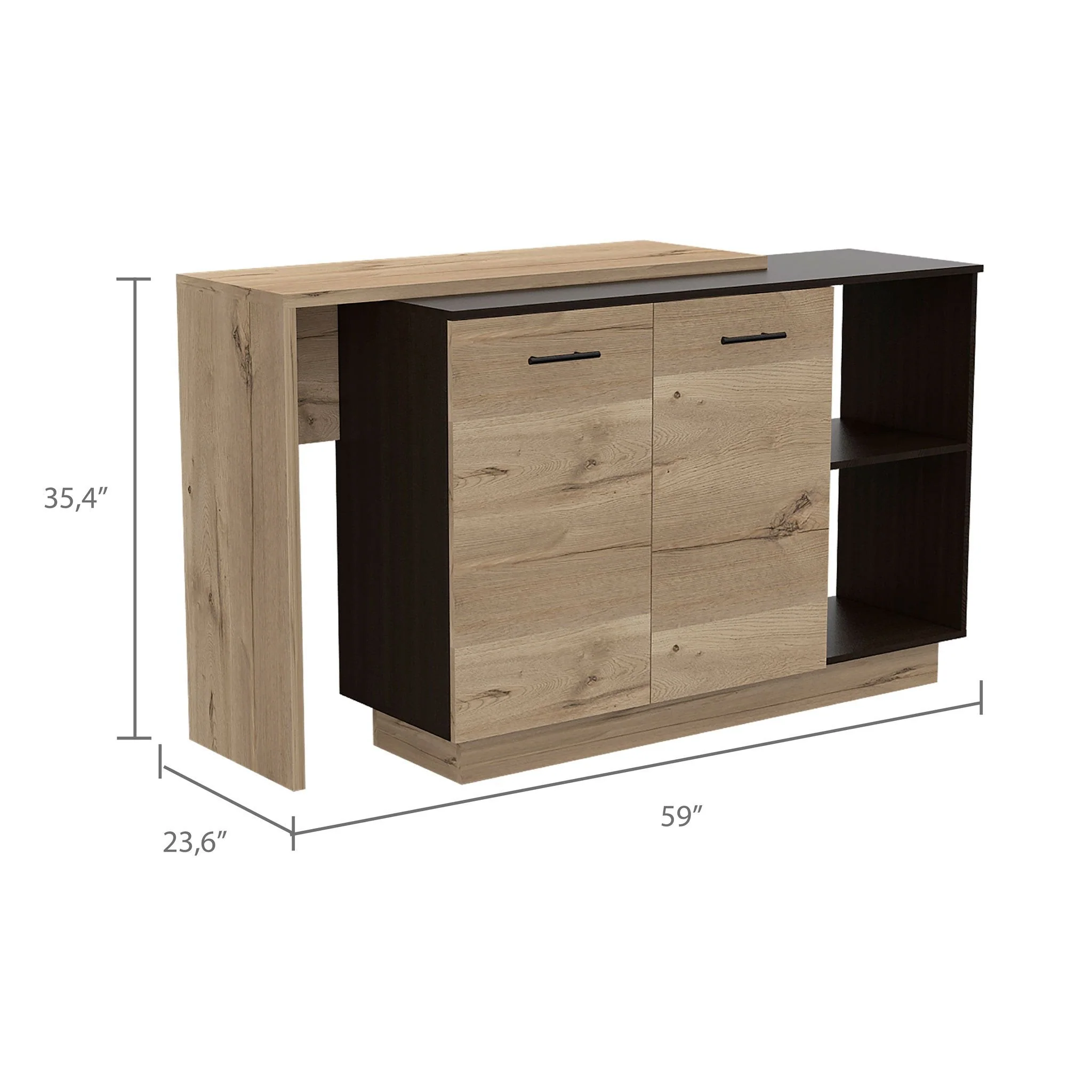 Black and Light Oak Contemporary Kitchen Island with Bar Table By Homeroots - Image 3
