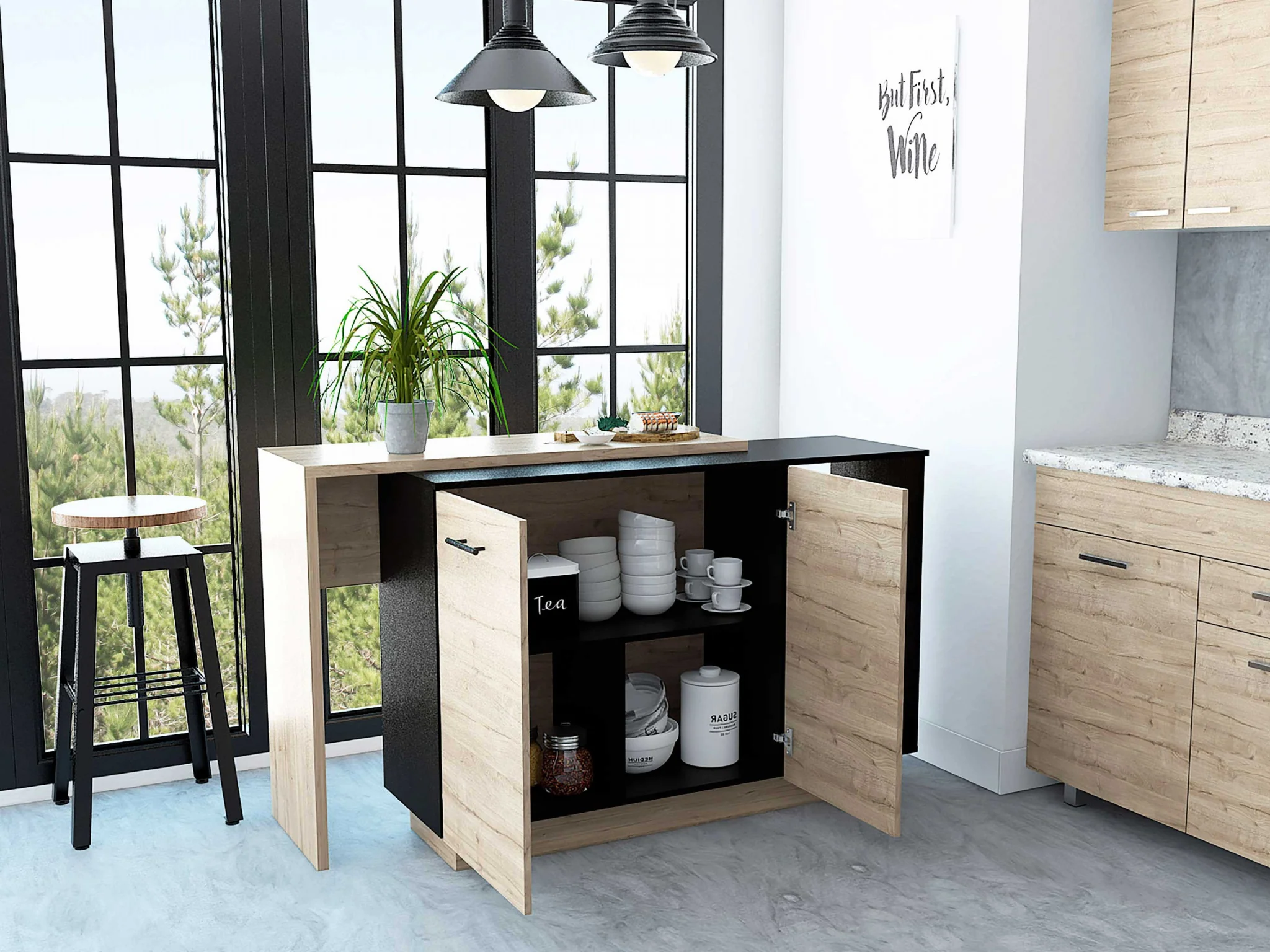 Black and Light Oak Contemporary Kitchen Island with Bar Table By Homeroots - Image 4